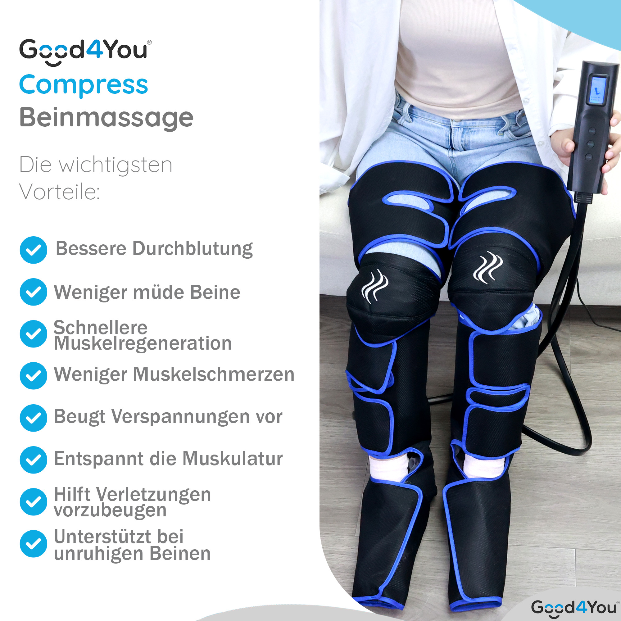 Person trägt Beinmassagegerät. Schwarzes und blaues Gerät an den Beinen. Vorteile sind links aufgeführt.