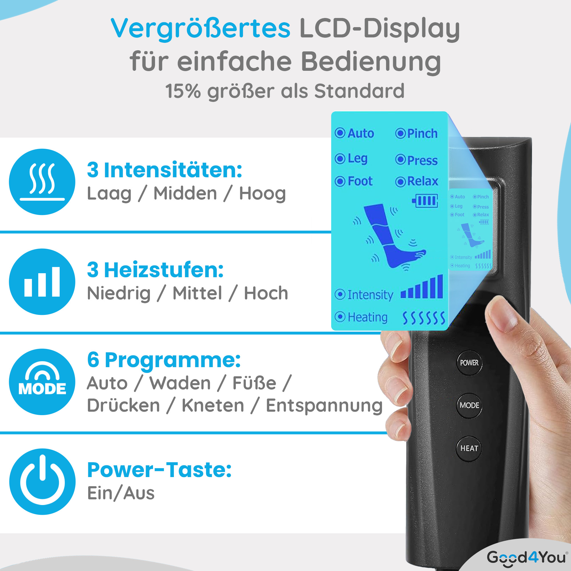 Hand hält Fernbedienung mit Display. Zeigt Einstellungen für Fußmassagegerät. Text auf Deutsch.