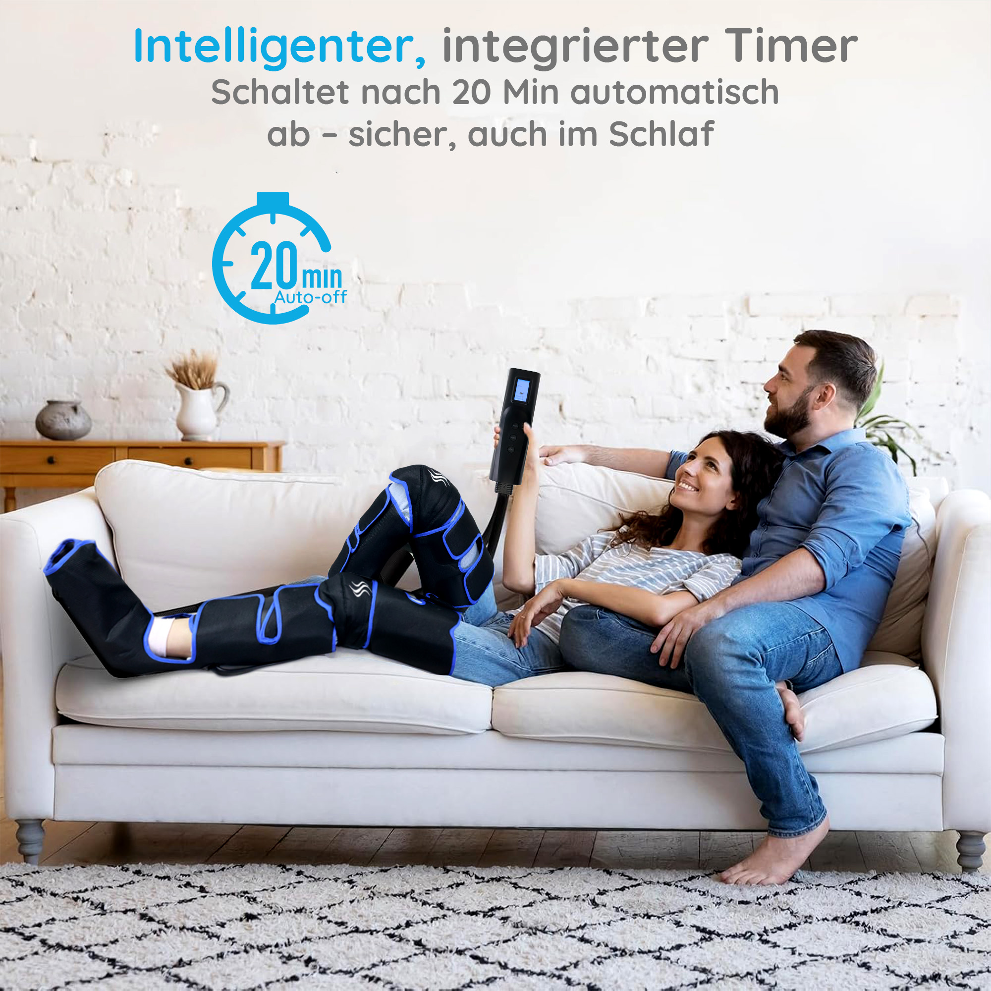 Ein Paar entspannt sich auf einem Sofa mit einem Beinmassagegerät. Text oben sagt 'Intelligenter Timer', mit 20 Minuten Auto-Aus.