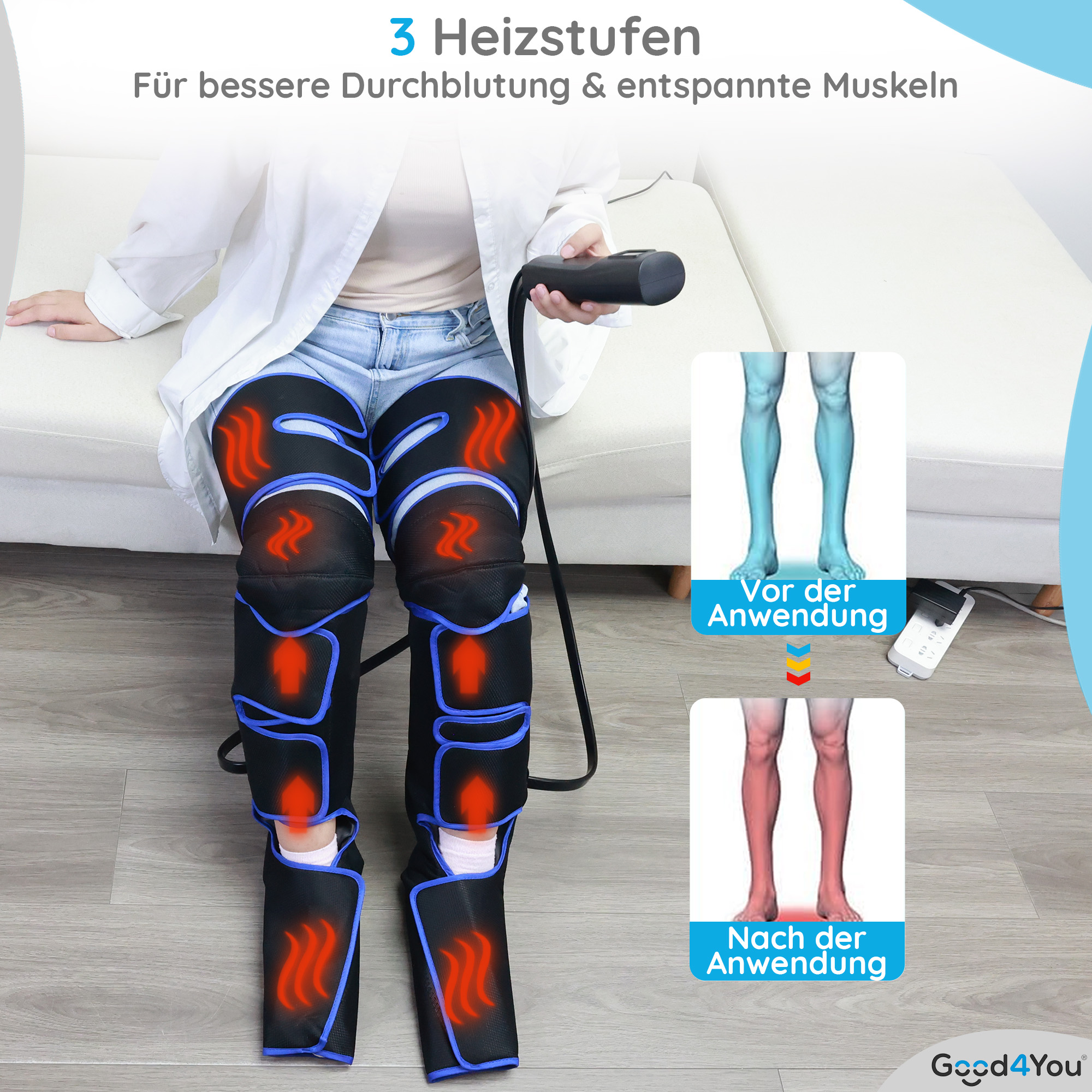 Eine Person benutzt ein Beinmassagegerät. Das Bild zeigt das Massagegerät an den Beinen mit roten Hitzesymbolen. Text ist auf Deutsch.