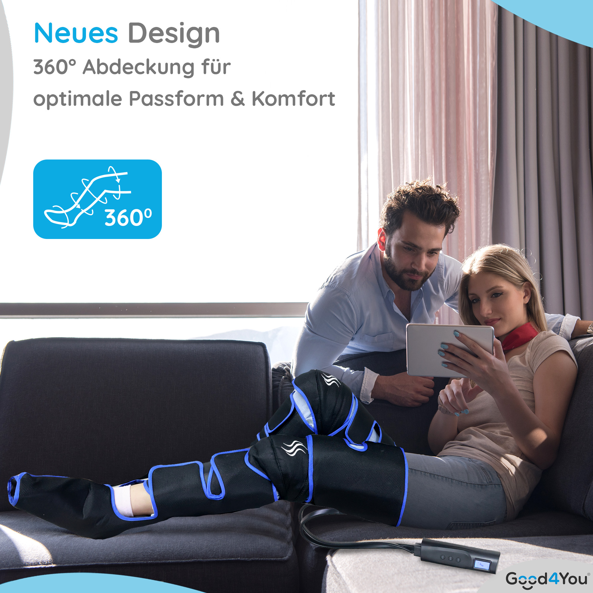 Eine Frau benutzt ein Beinmassagegerät, während eine andere Person auf ein Tablet schaut. Text: Neues Design, 360° Abdeckung für optimale Passform und Komfort.