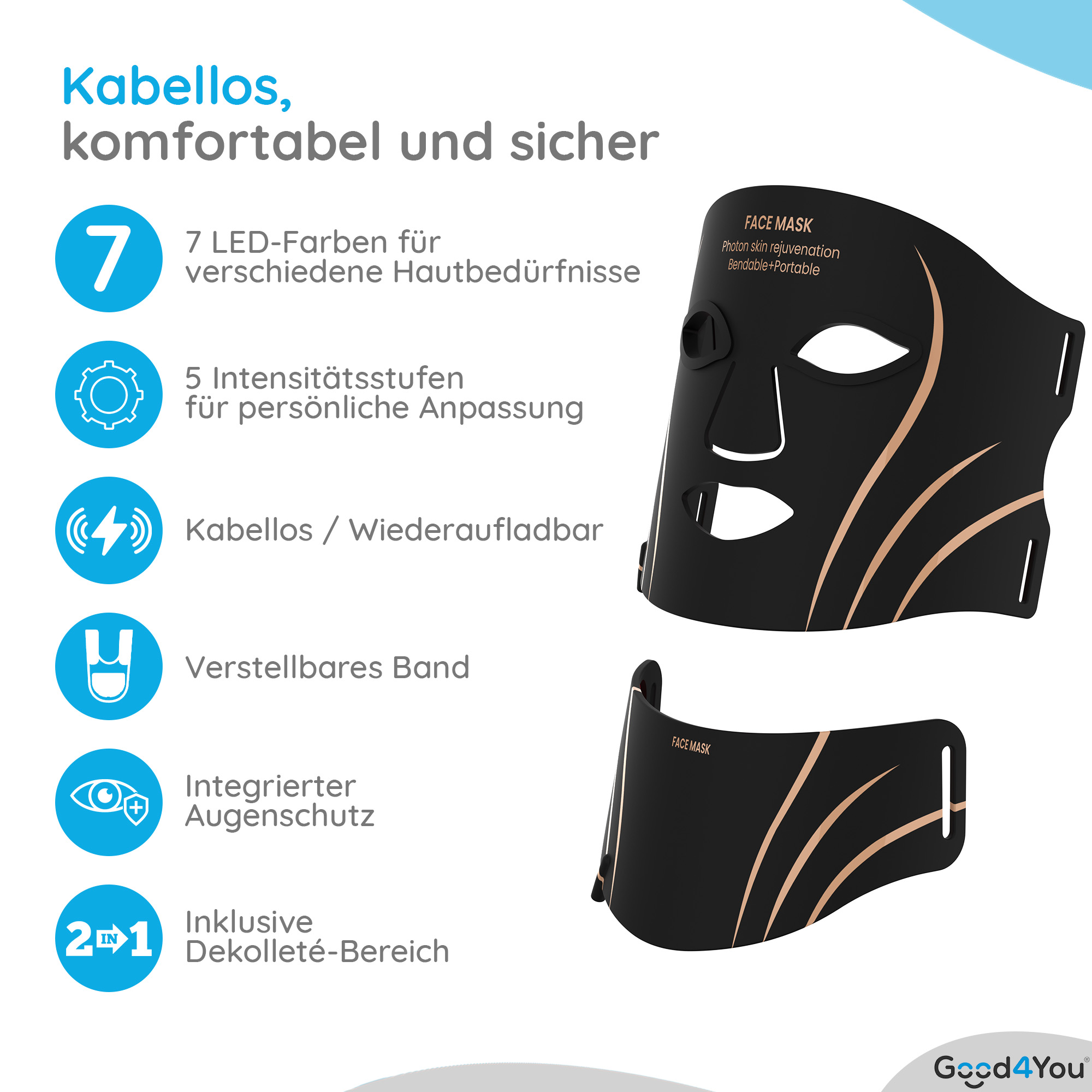 Schwarze Gesichtsmaske mit goldenen Linien. Merkmale sind 7 LED-Farben, verstellbares Band und Augenschutz.