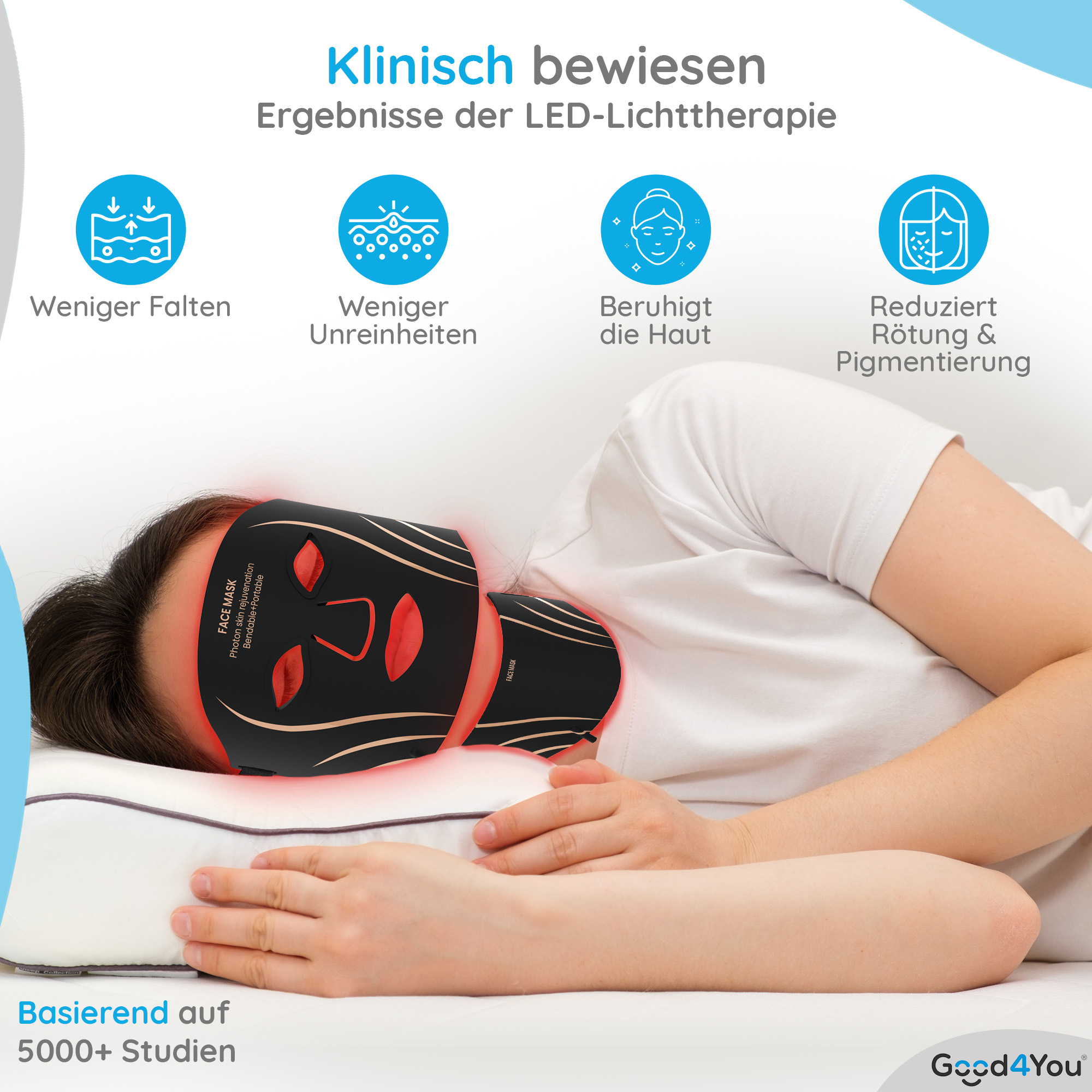Eine Person mit einer schwarzen LED-Gesichtsmaske liegt auf einem Kissen. Die Maske leuchtet rot. Text oben.