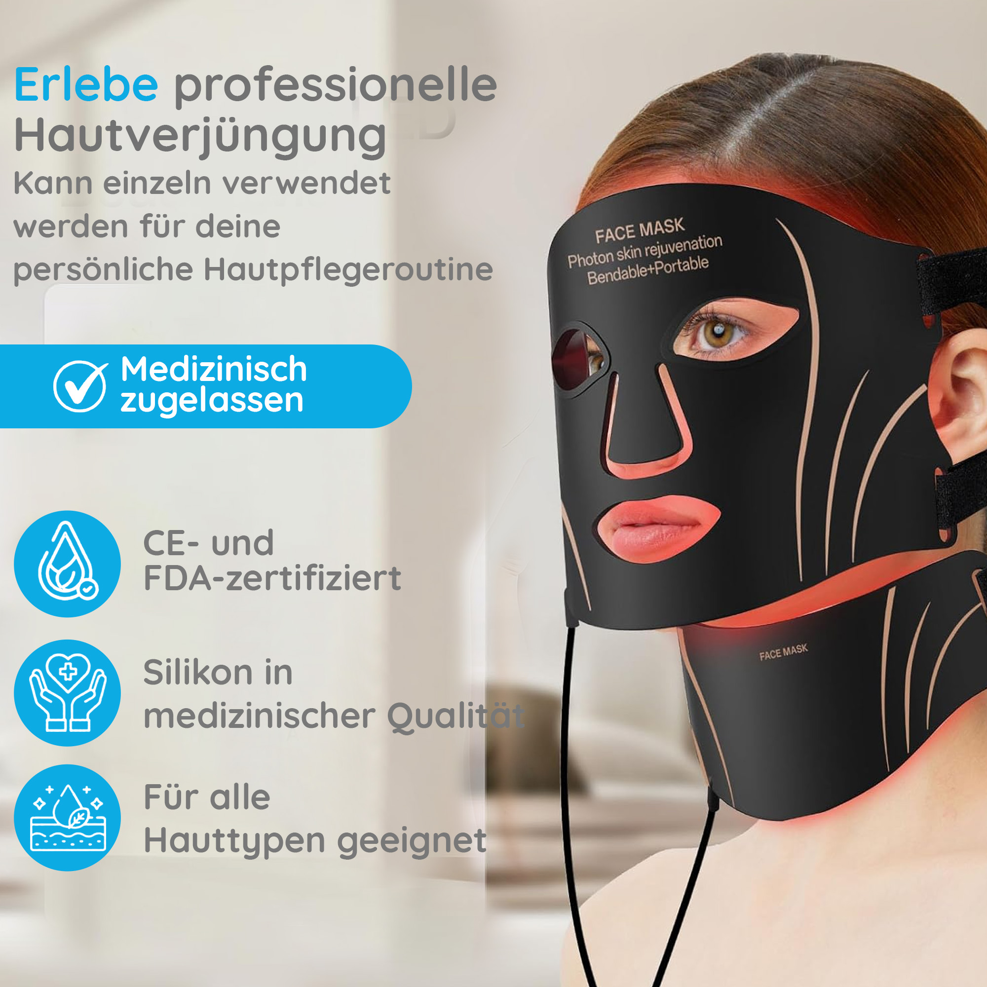 Eine Frau trägt eine schwarze Gesichtsmaske mit roten Lichtern. Text links wirbt für Hautverjüngung. Die Maske sagt 'FACE MASK'.