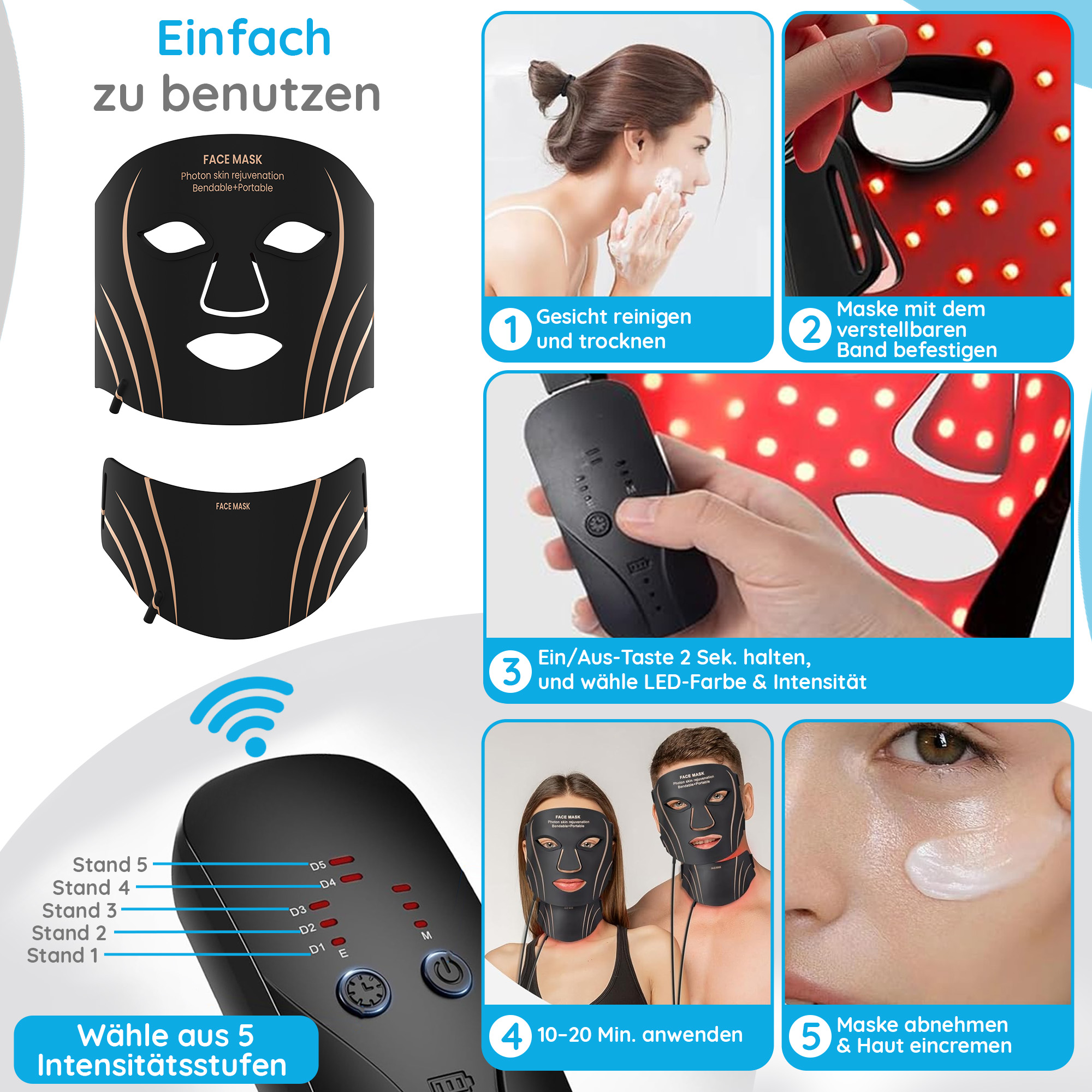 Das Bild zeigt eine Gesichtsmaske mit Anwendungsschritten: Gesicht reinigen, Maske anbringen, Einstellungen wählen, Maske verwenden und Creme auftragen.