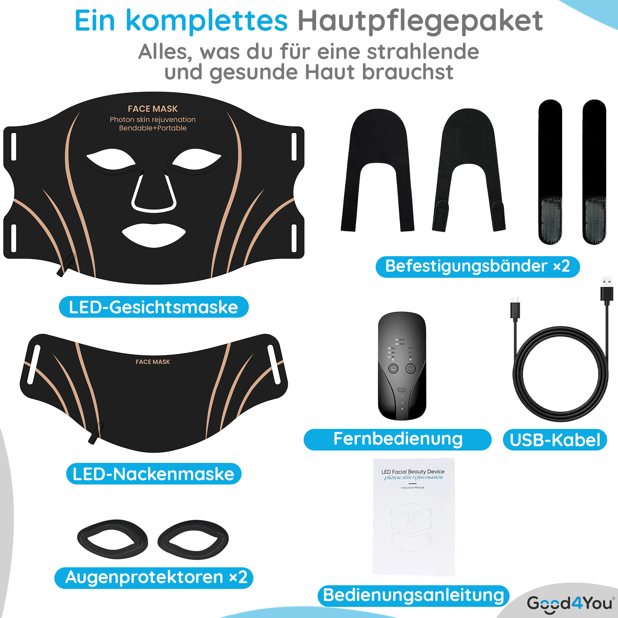 Ein komplettes Hautpflege-Set mit Gesichtsmaske, Nackenmaske, Fernbedienung, USB-Kabel und mehr.