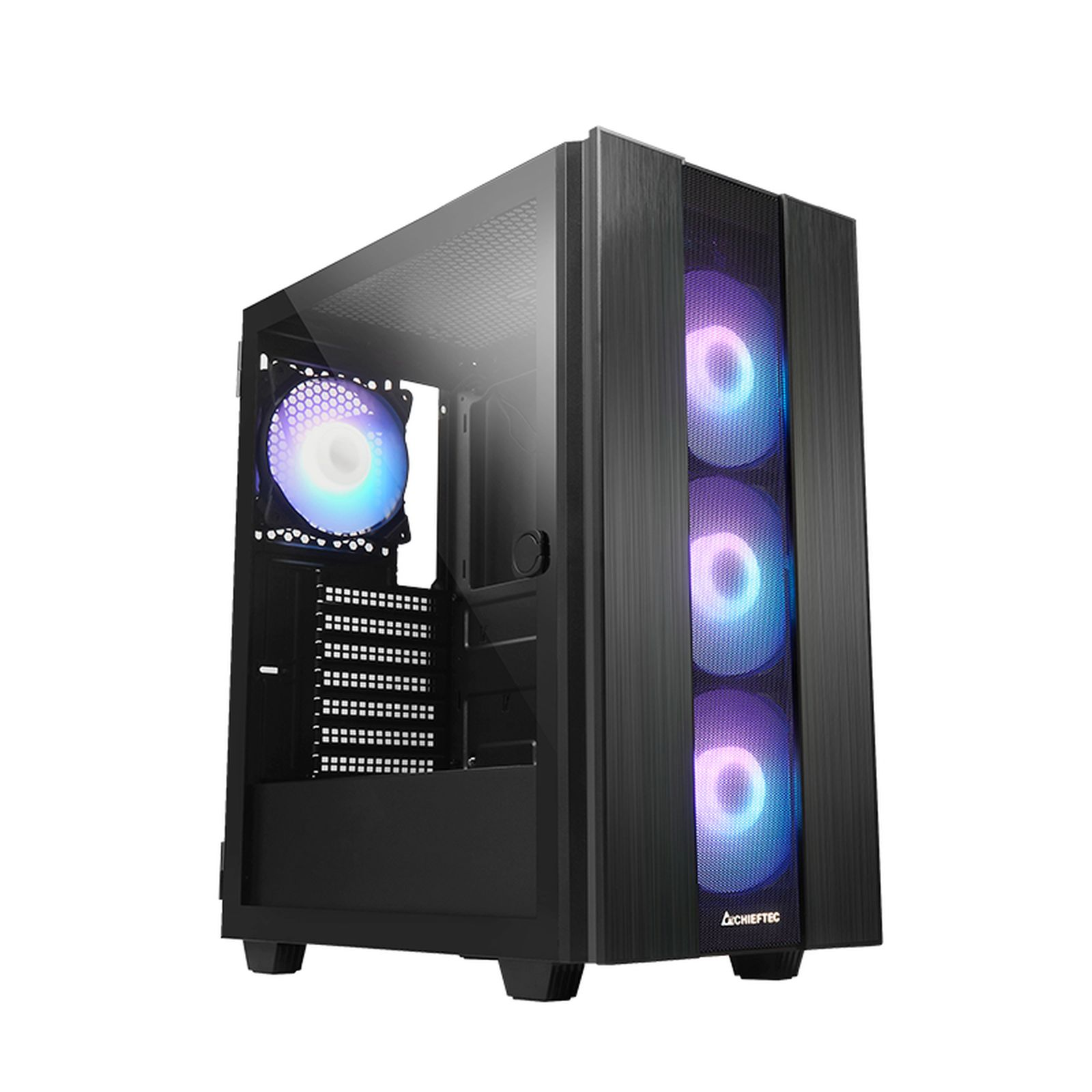 Een zwarte computerkast met RGB-ventilatoren. De voorkant heeft drie ventilatoren. De zijkant heeft een glazen paneel en de bovenkant een rooster.