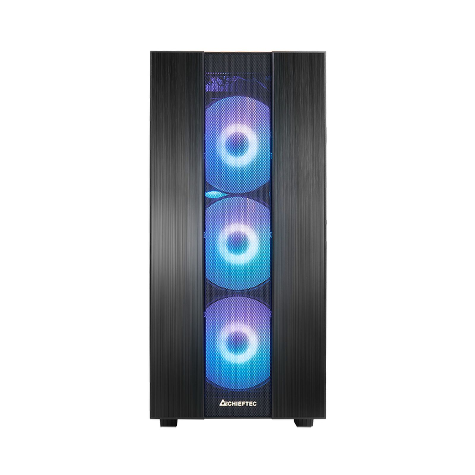 Zwarte computerkast met blauwe LED-ventilatoren. Het Chieftec-logo staat onderaan.