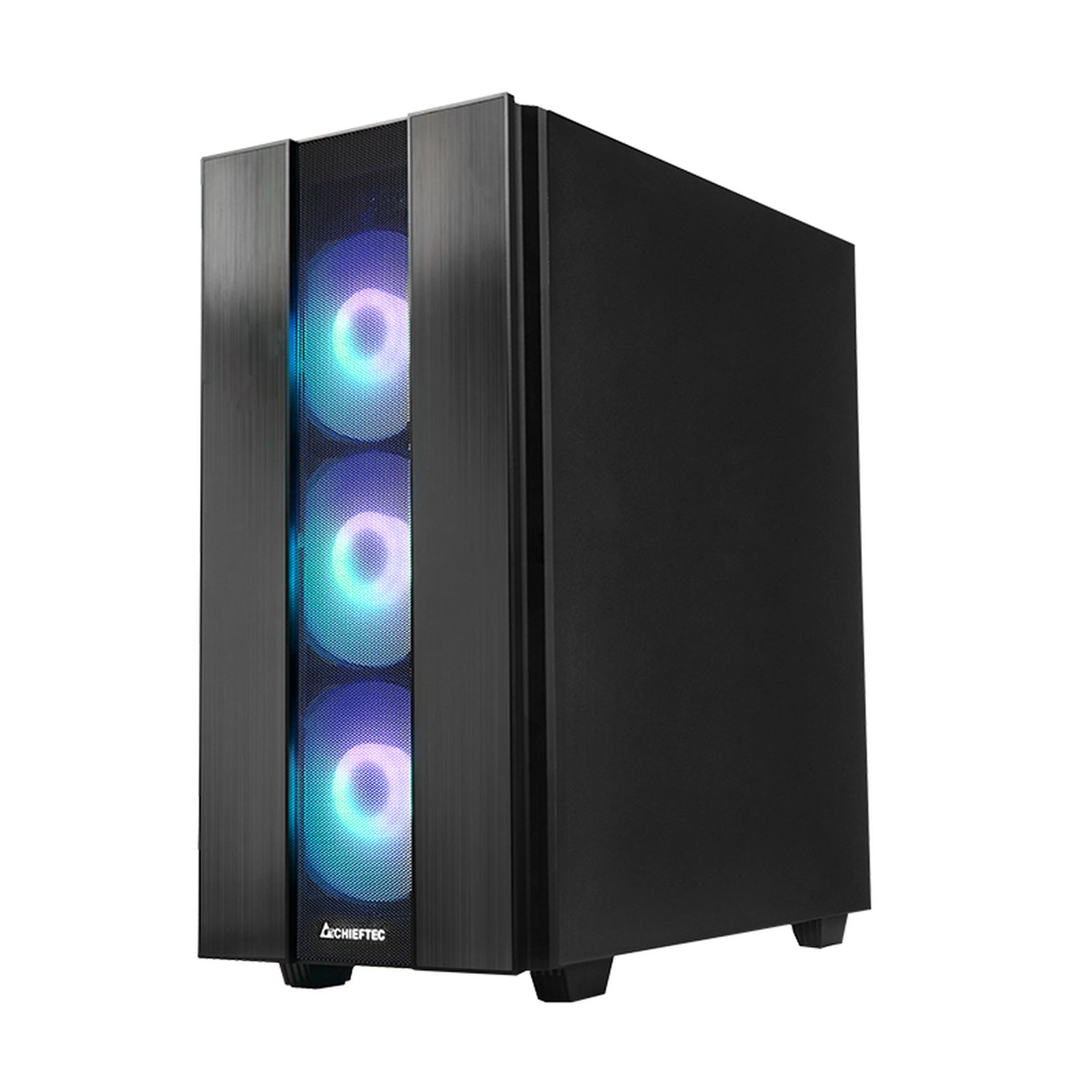 Zwarte computerkast met drie verlichte ventilatoren. Het Chieftec-logo staat onderaan.