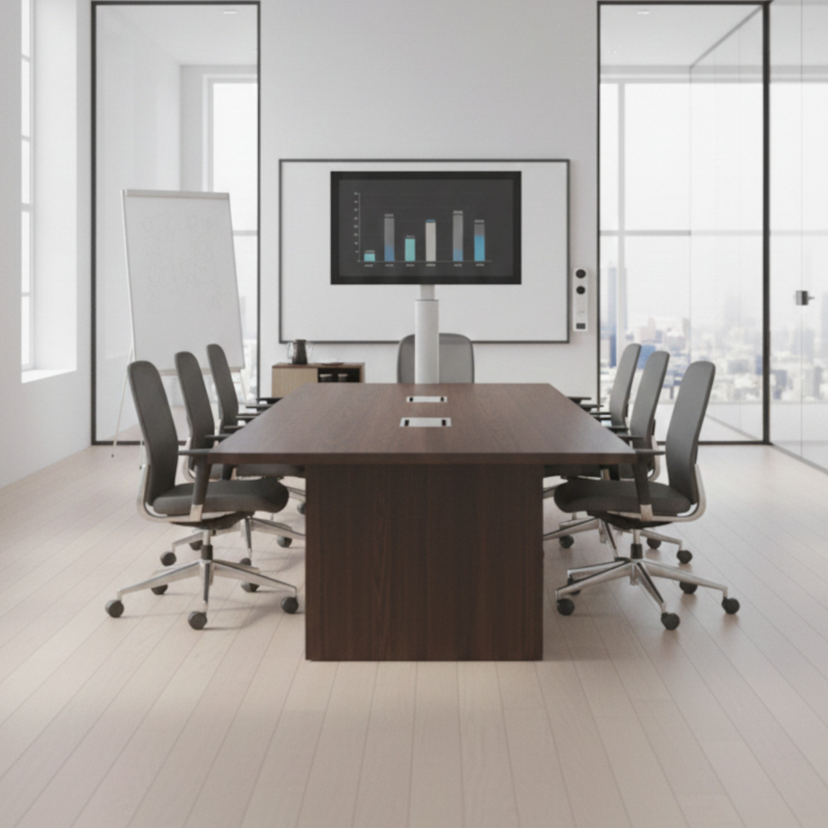 Ein moderner Konferenzraum mit großem Tisch, Stühlen, Bildschirm mit Diagramm, Fenstern und Whiteboard.