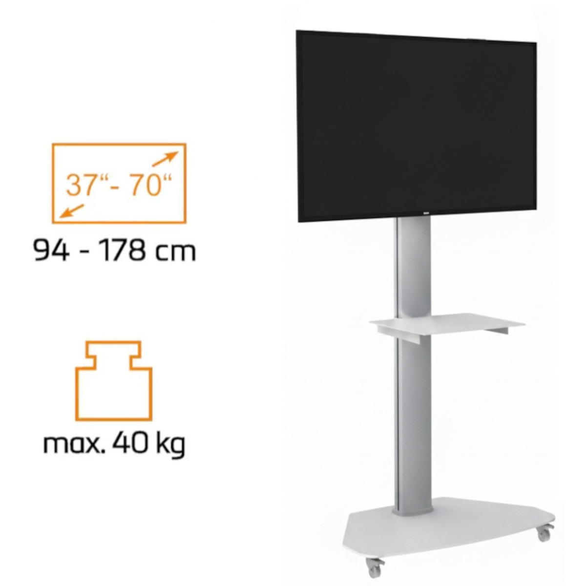 Ein Fernseher auf einem silbernen Ständer mit Ablage. Abmessungen: 37-70 Zoll, 94-178 cm, max. 40 kg.