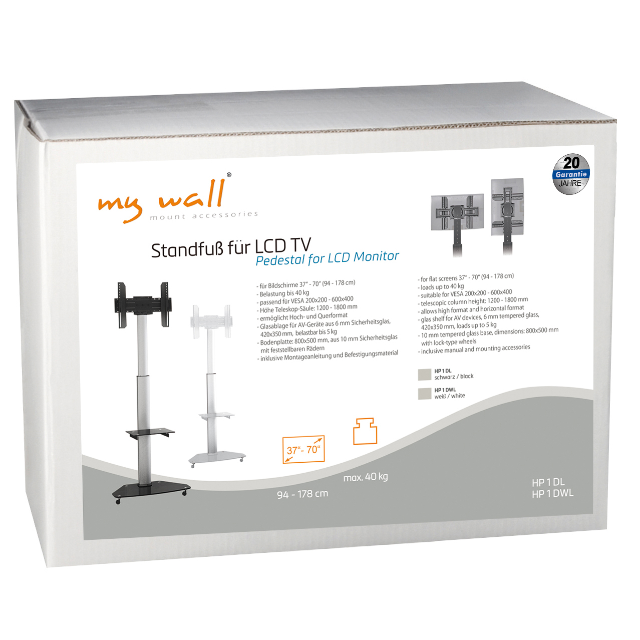 Ein weißer Karton mit einem TV-Ständer-Produkt. Der Text enthält 'my wall', 'Standfuß für LCD TV' und Spezifikationen.