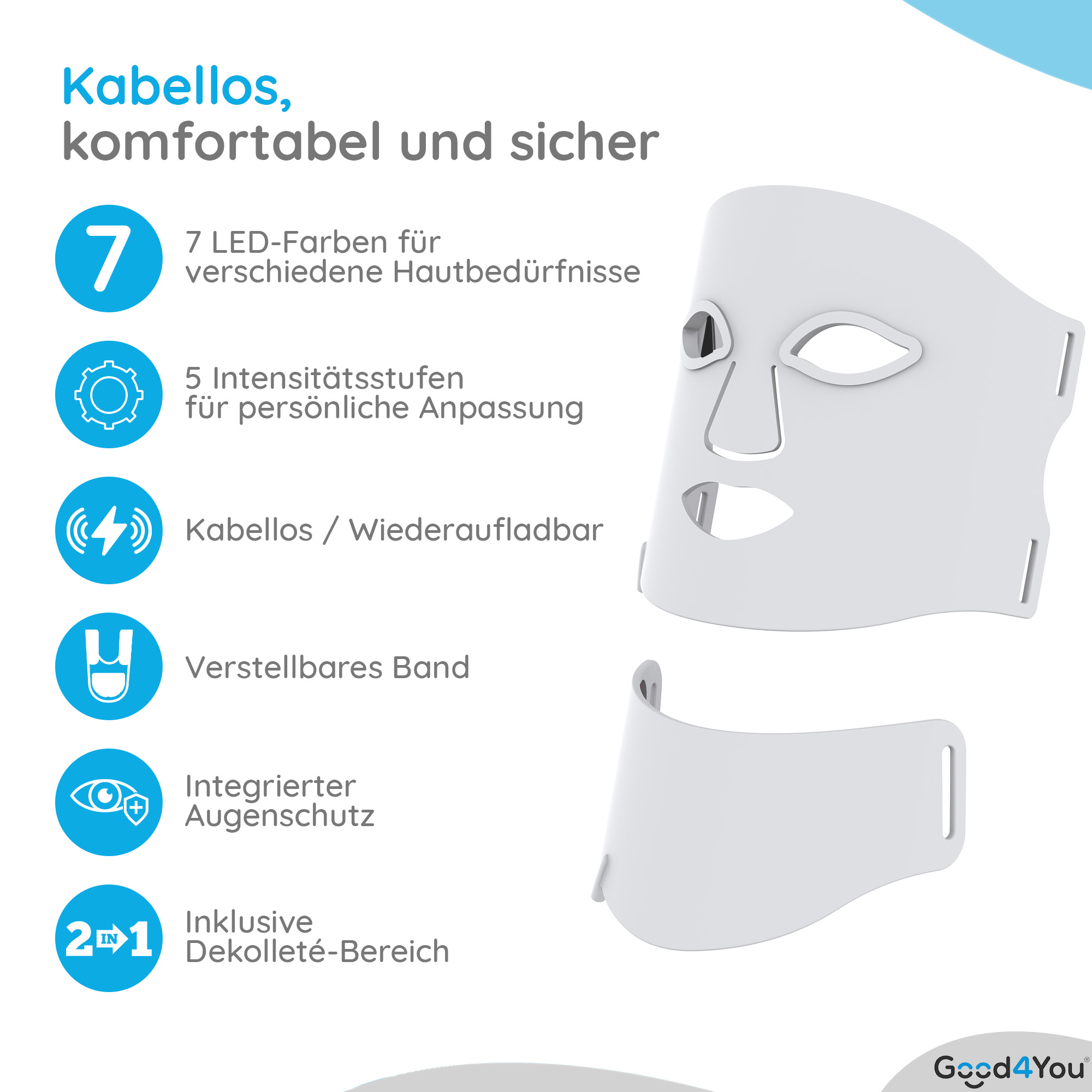 Eine weiße LED-Gesichtsmaske mit aufgelisteten Merkmalen, einschließlich LED-Farben und verstellbarem Band, auf weißem Hintergrund.