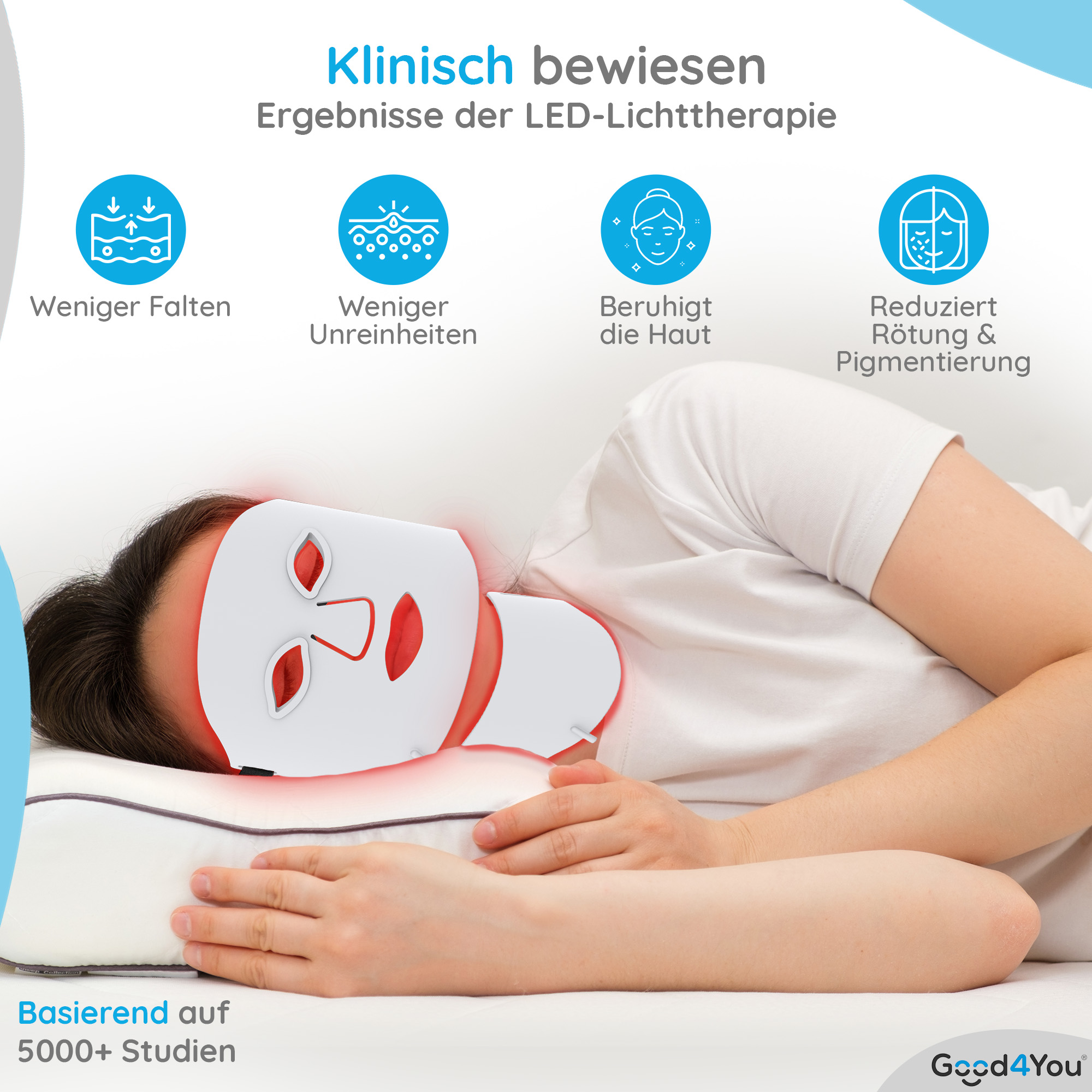 Eine Frau mit weißer Gesichtsmaske liegt. Die Maske emittiert rotes Licht. Text oben nennt Vorteile.