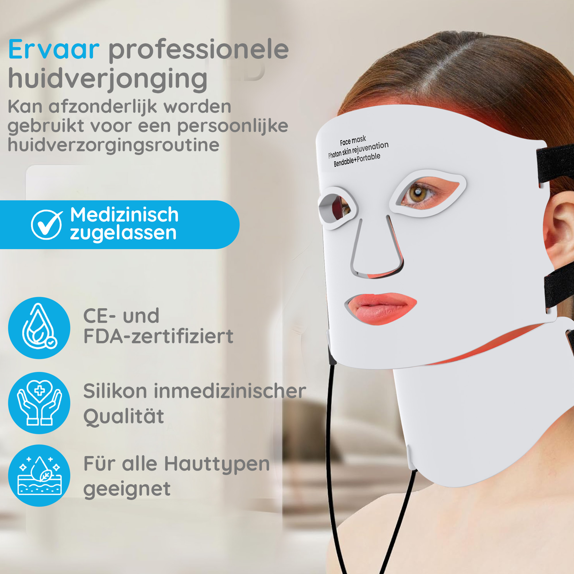 Das Bild zeigt eine Person, die eine weiße Gesichtsmaske trägt, mit Text, der Hautverjüngung und medizinische Zulassungen beschreibt.
