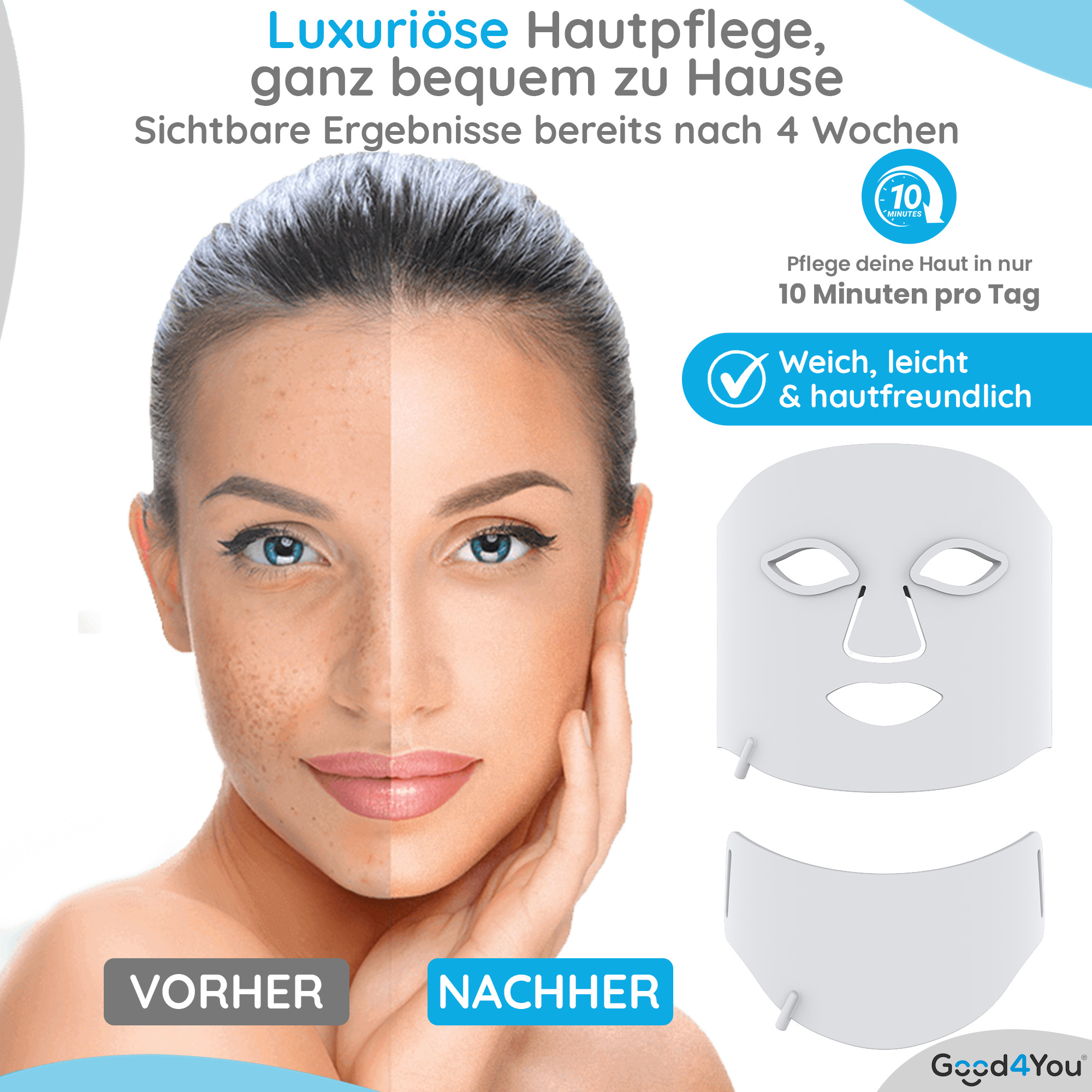 Das Bild zeigt ein geteiltes Gesicht einer Frau. Eine Seite mit Flecken, eine Seite klar. Text wirbt für Hautpflege.