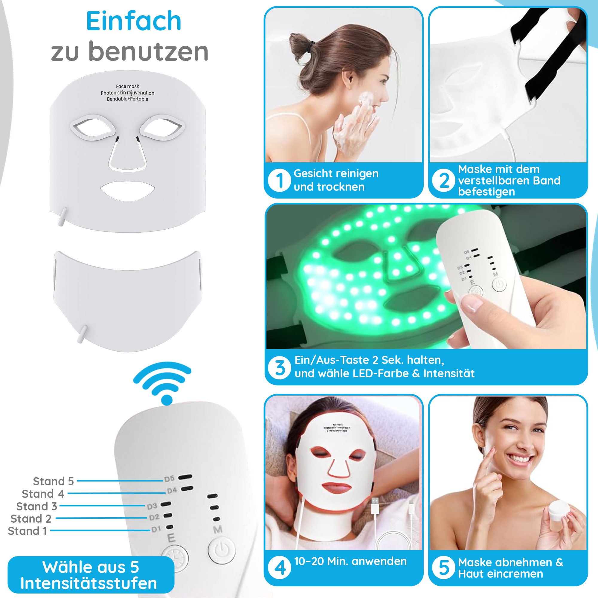 Das Bild zeigt eine Gesichtsmaske mit Anwendungsschritten: Gesicht reinigen, Maske auftragen, Einstellungen wählen, verwenden und befeuchten.