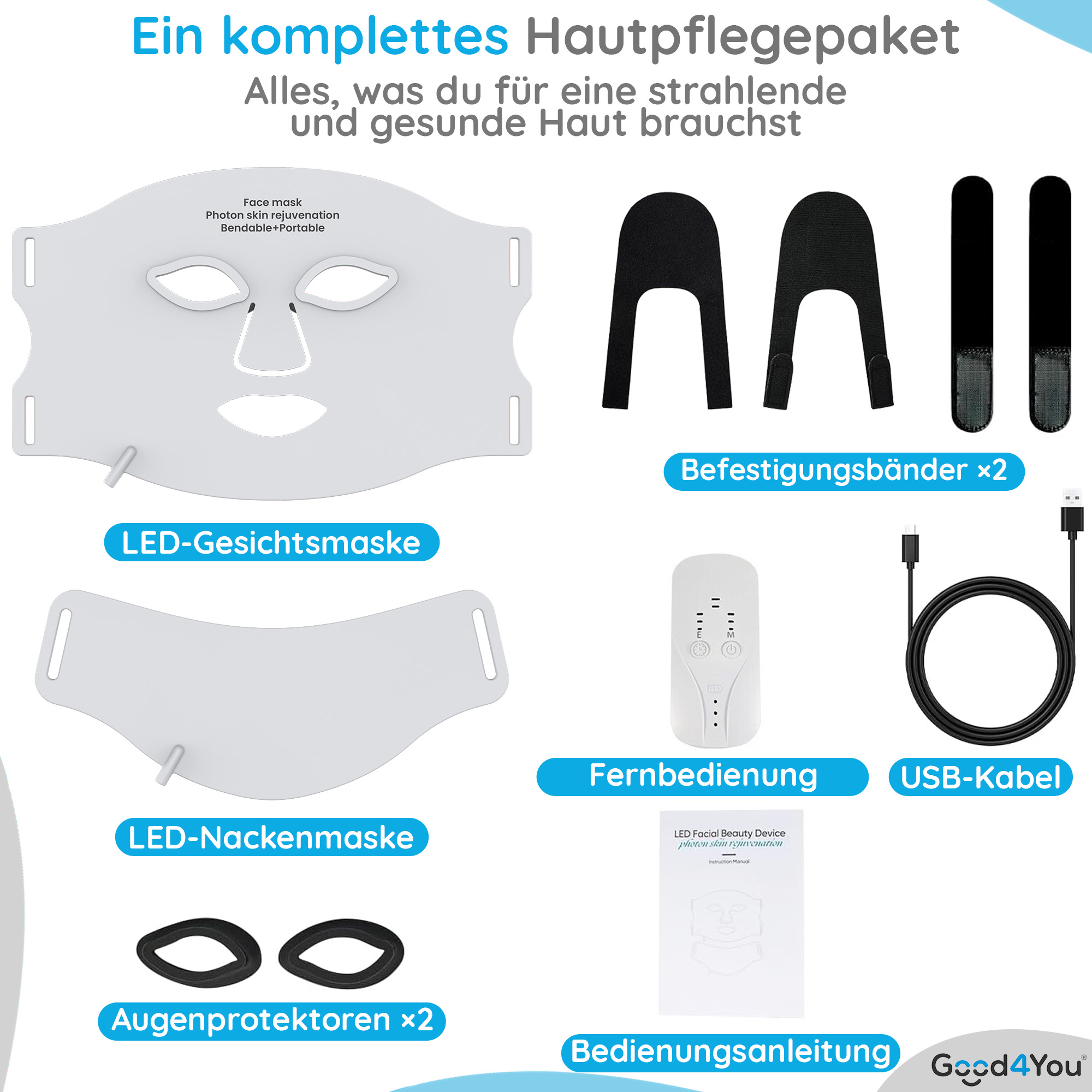 Ein komplettes Hautpflege-Set mit LED-Gesichts- und Nackenmasken, Augenschutz, Fernbedienung, USB-Kabel und Handbuch.