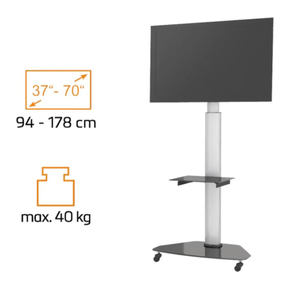 Ein TV-Ständer mit großem Bildschirm. Infografiken zeigen Größenbereich, Abmessungen in cm und Gewichtskapazität.
