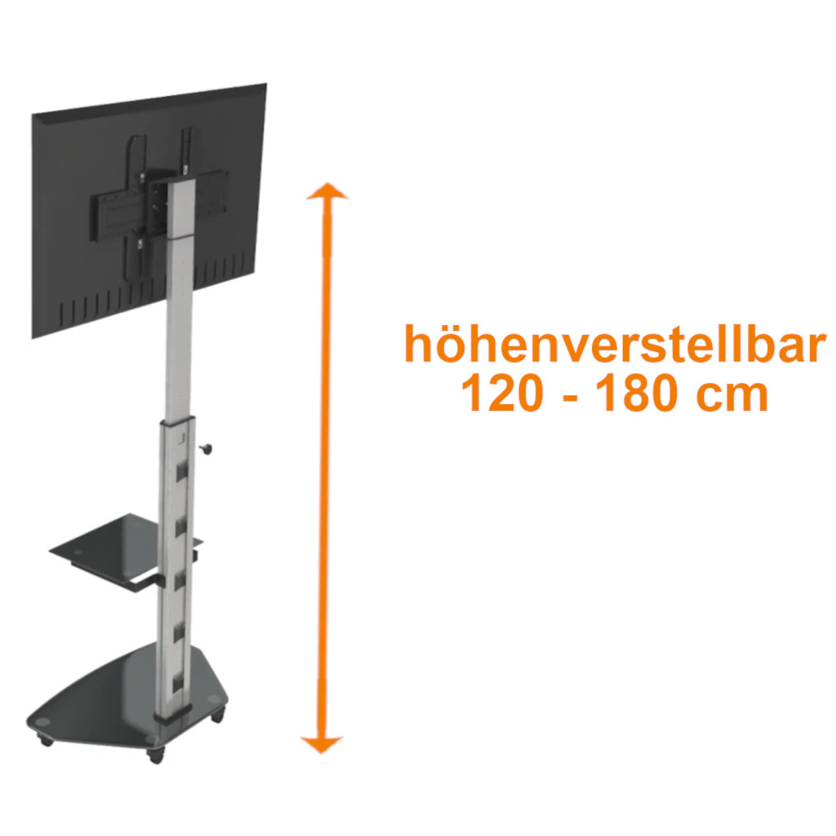 Gezeigt wird ein höhenverstellbarer TV-Ständer, mit einem orangefarbenen Pfeil, der den Höhenbereich von 120-180 cm anzeigt. Der Ständer ist schwarz und silber.