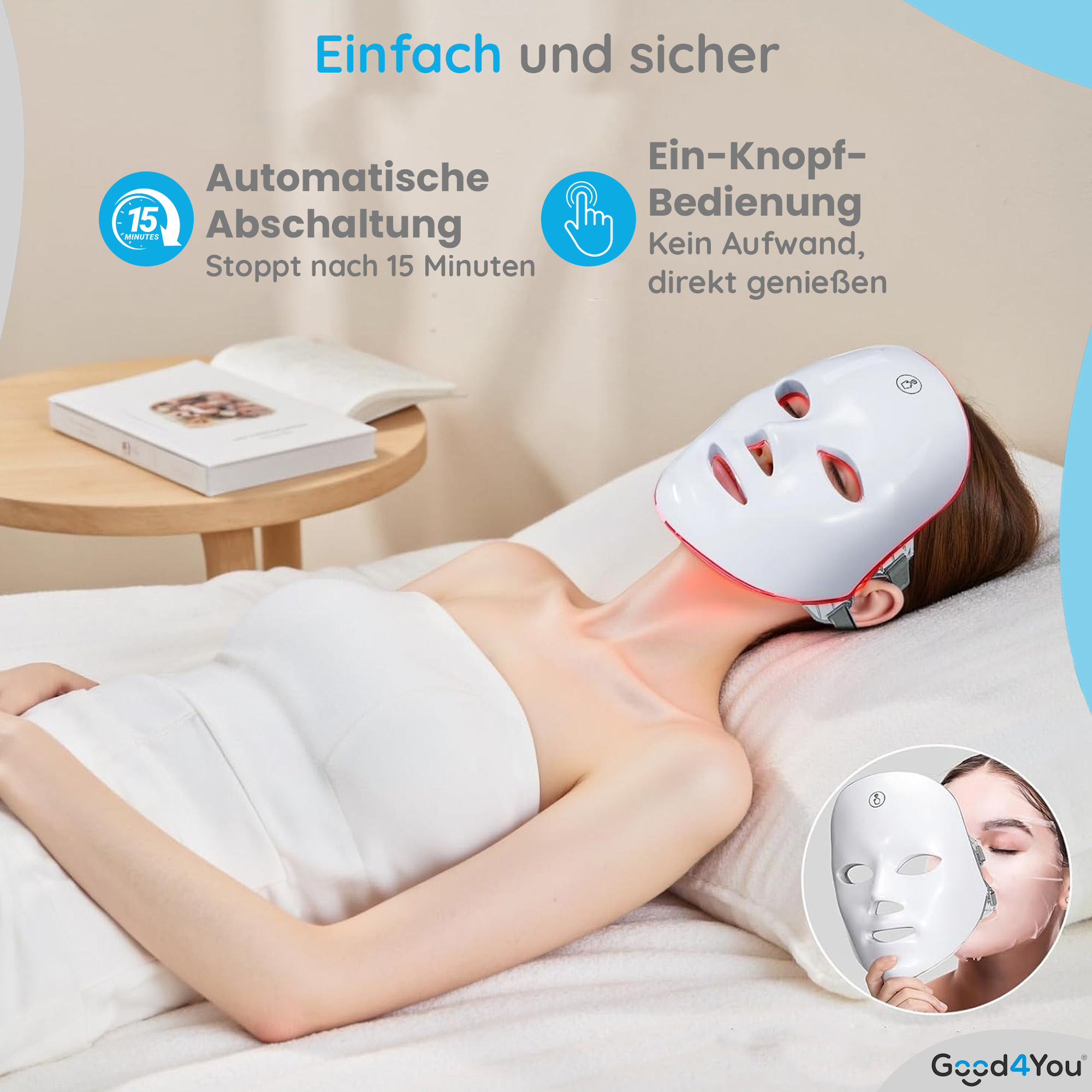 Eine Frau mit einer weißen Gesichtsmaske mit rotem Licht. Sie liegt. Das Bild hat Text auf Deutsch.