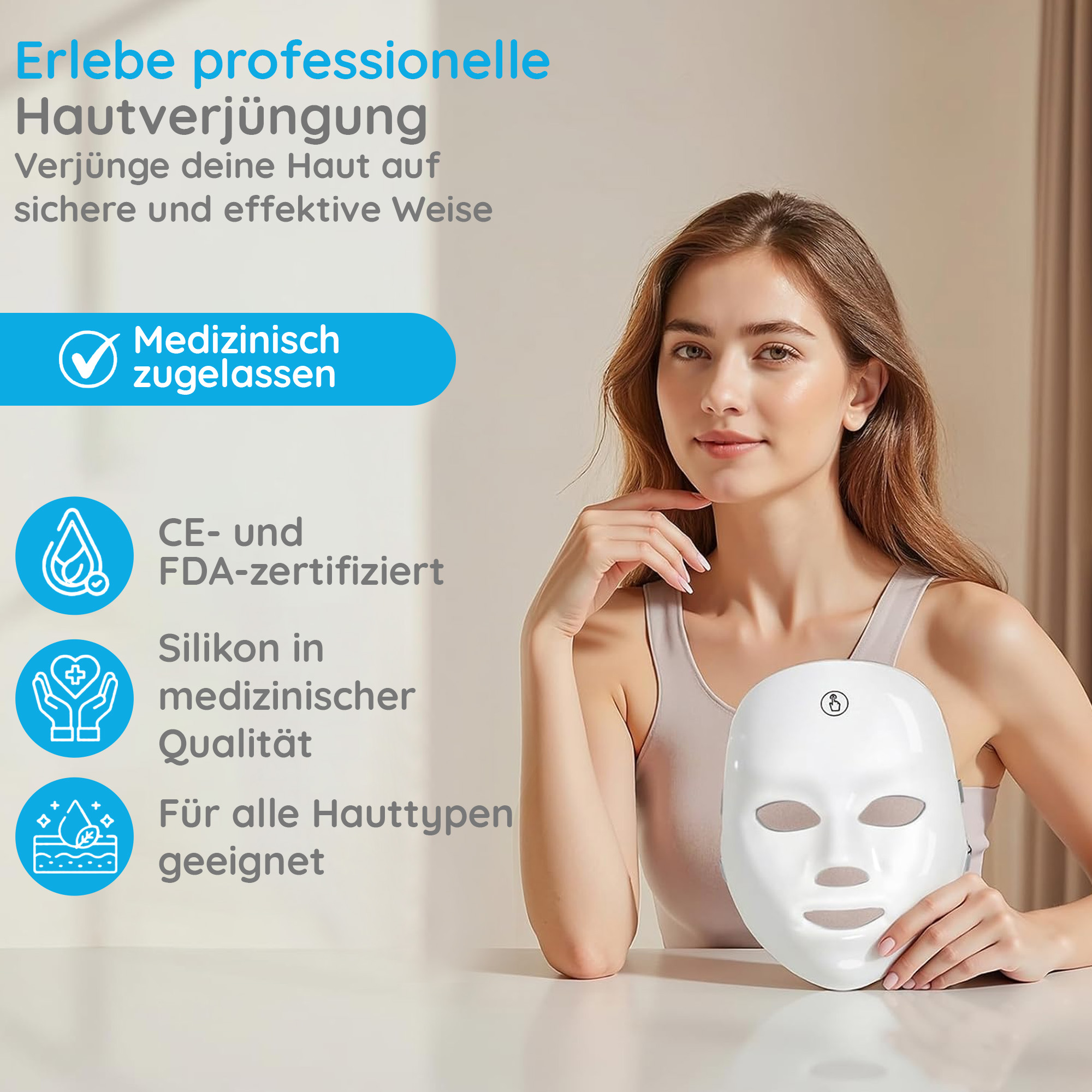 Eine Frau hält eine weiße Gesichtsmaske. Text auf Deutsch bewirbt professionelle Hautverjüngung.