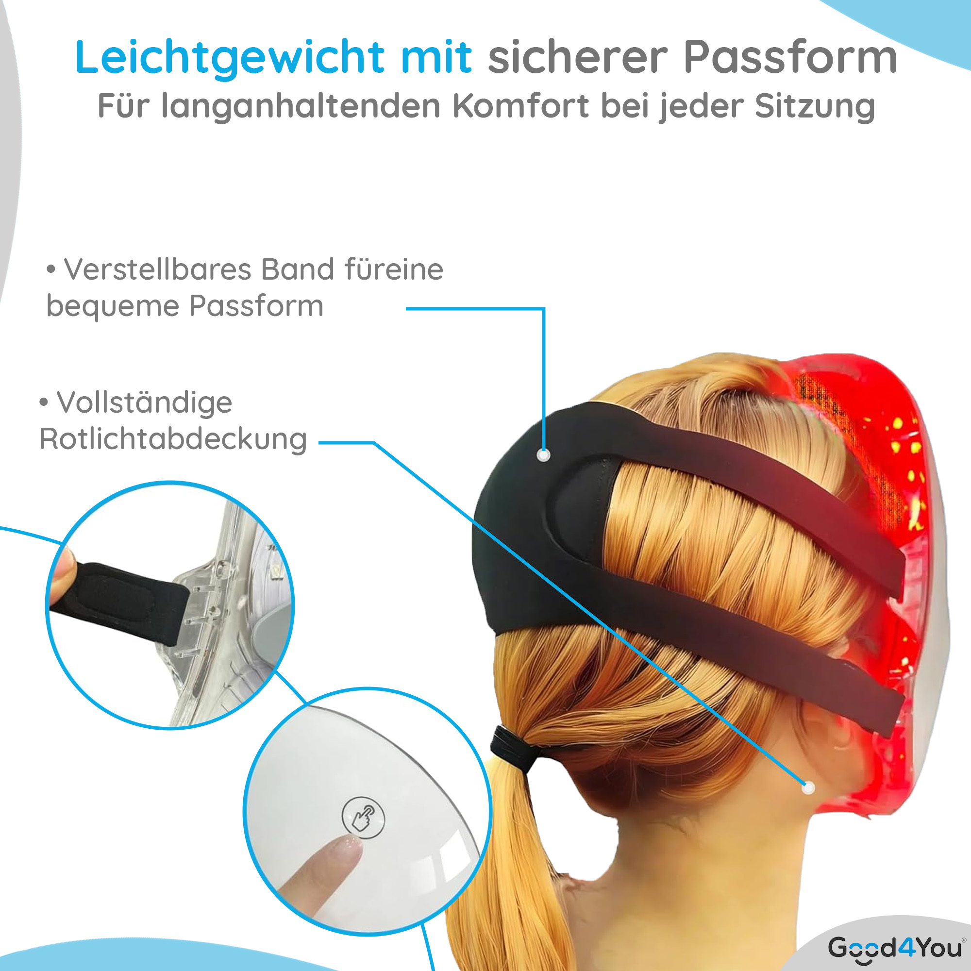 Eine Frau mit einer schwarzen Maske und rotem Licht, die ein Gesichtspflegegerät demonstriert.