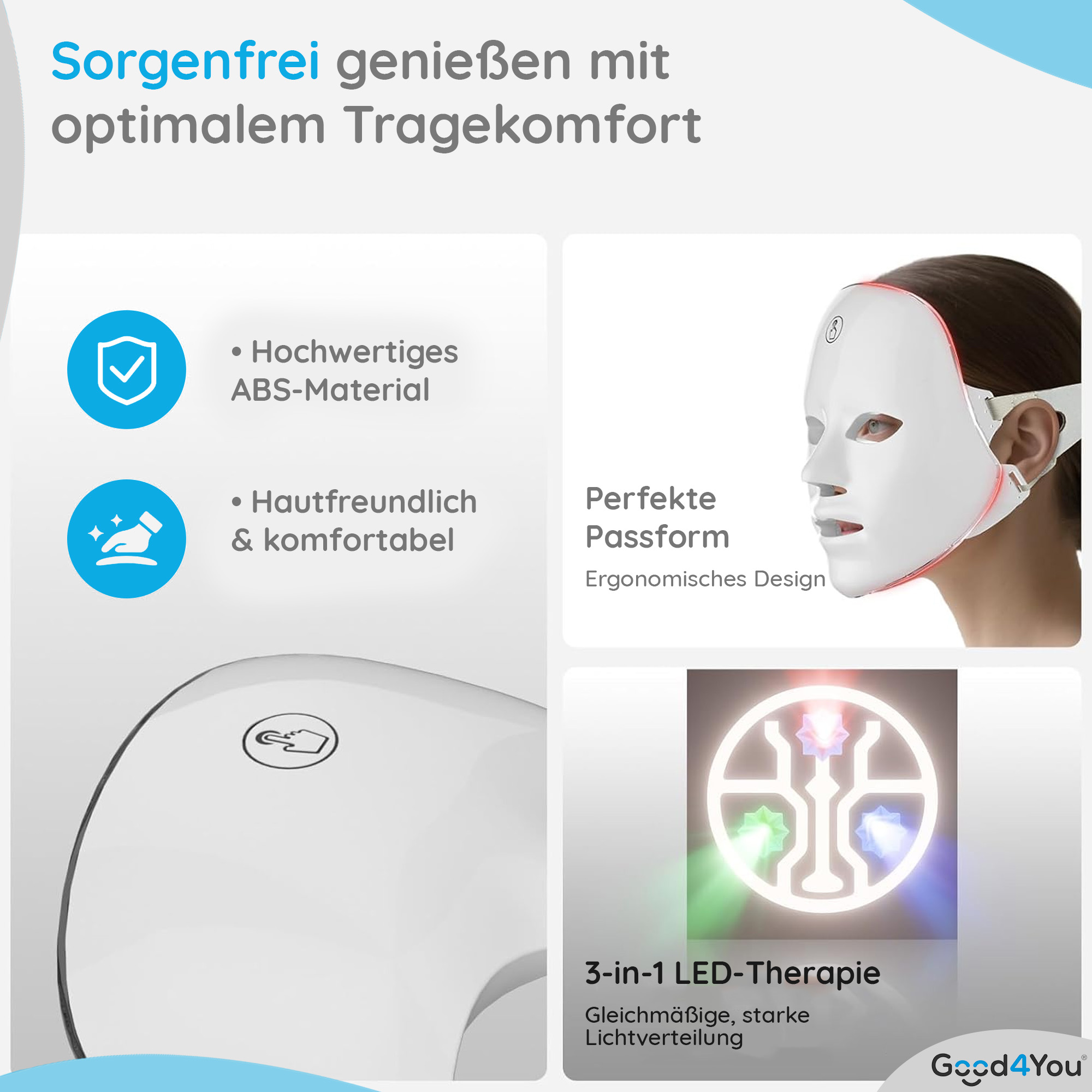 Das Bild zeigt eine weiße LED-Gesichtsmaske mit Text, der ihre Eigenschaften beschreibt, einschließlich ABS-Material und 3-in-1-LED-Therapie.