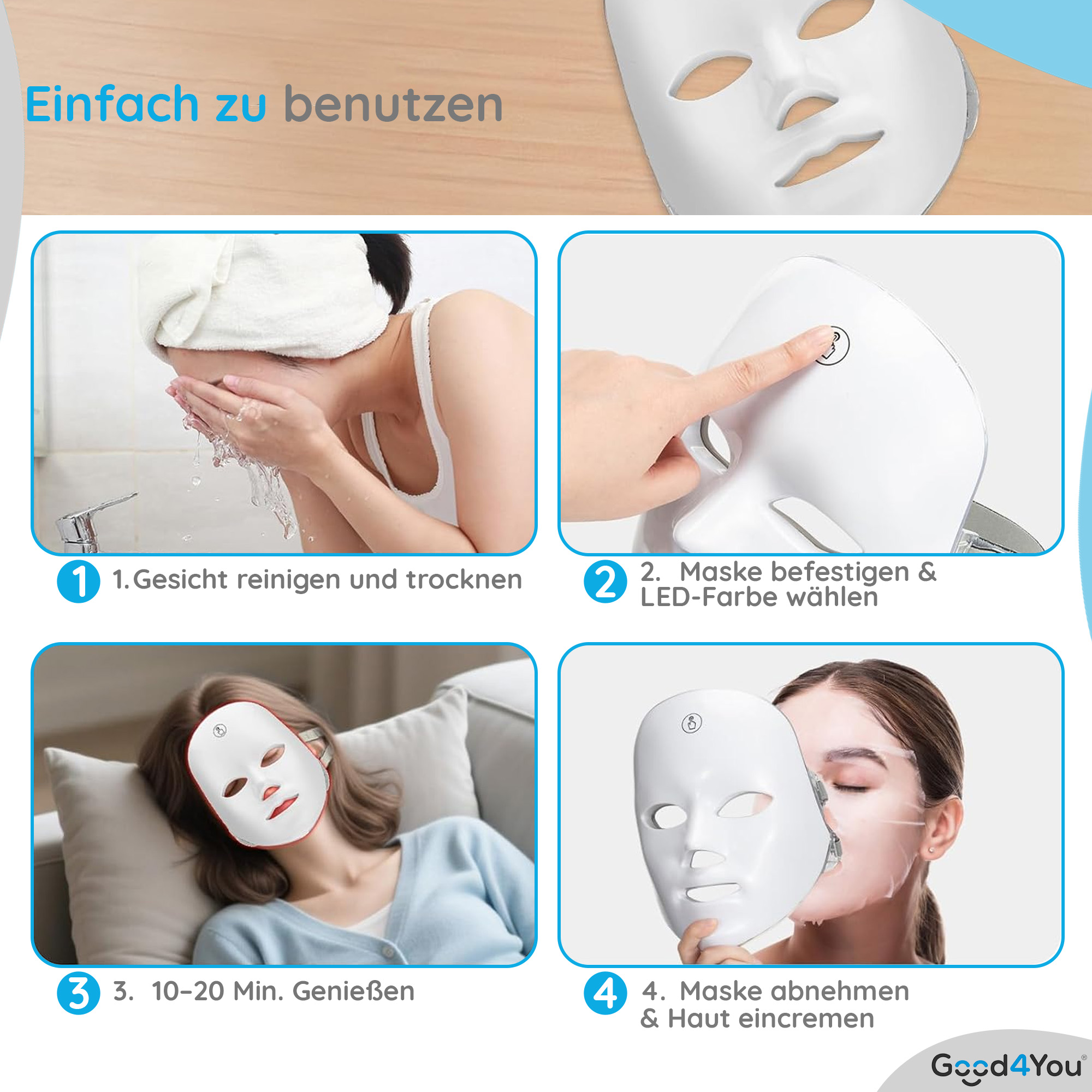 Das Bild zeigt ein Produkttutorial. Die Schritte umfassen Gesichtsreinigung, Maskenanwendung und Hautpflege.
