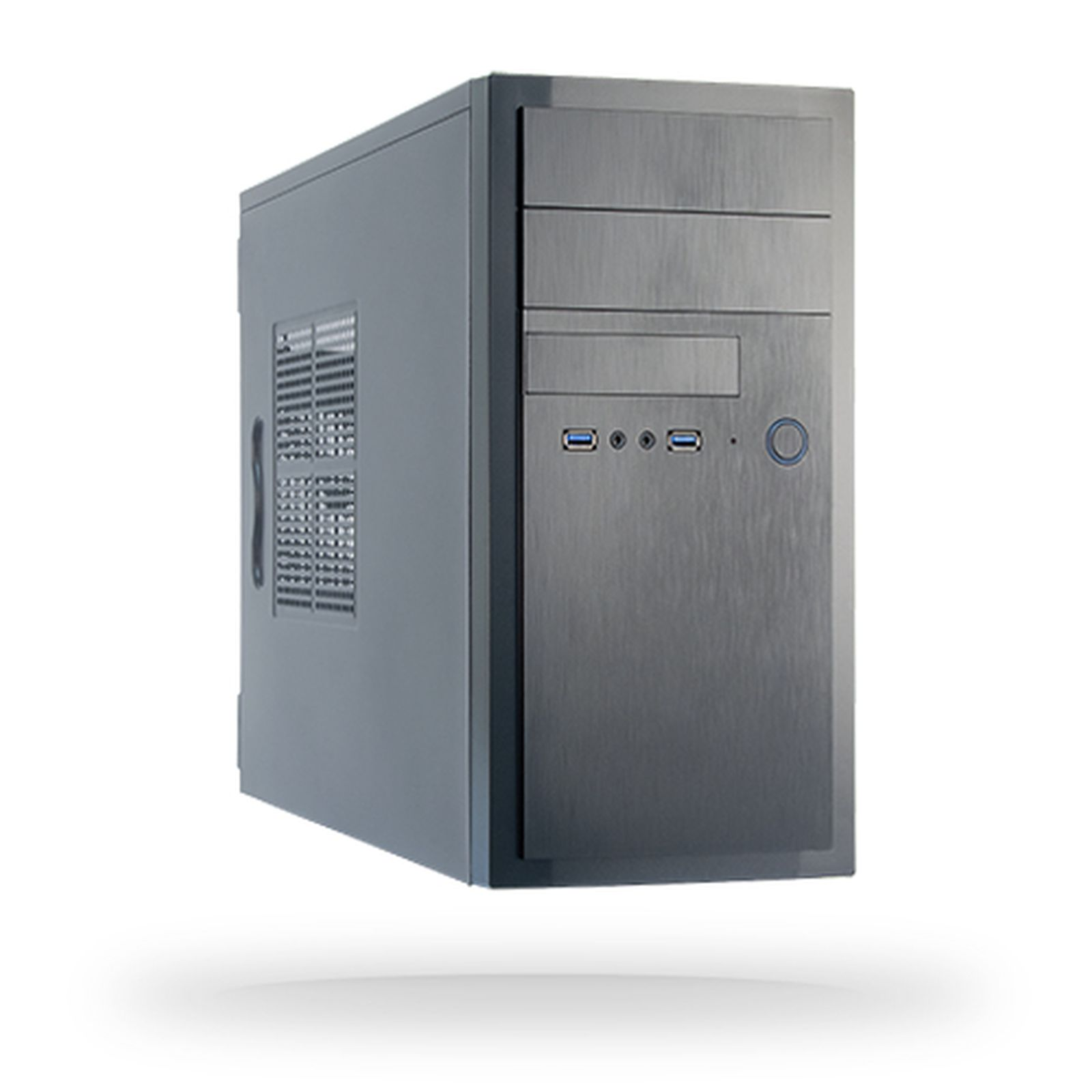 Een grijze computerkast met USB-poorten aan de voorkant, een aan/uit-knop en ventilatie.
