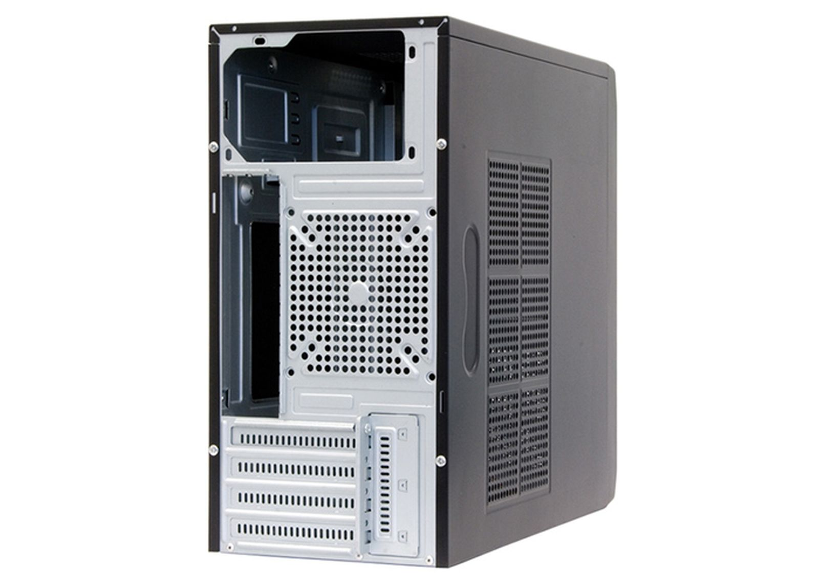 Een open computerkast, zwart aan de rechterkant en zilver aan de binnenkant. Er zijn veel gaten voor ventilatie.