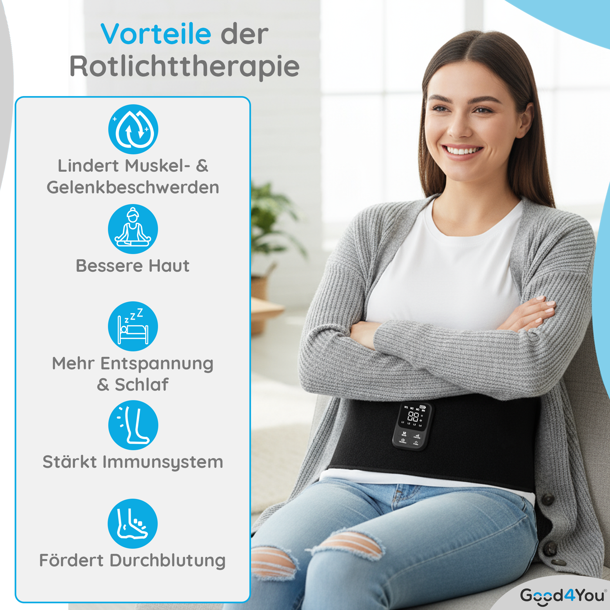 Eine Frau mit einem Rotlichttherapie-Gürtel. Vorteile der Therapie sind links aufgelistet. Frau lächelt.