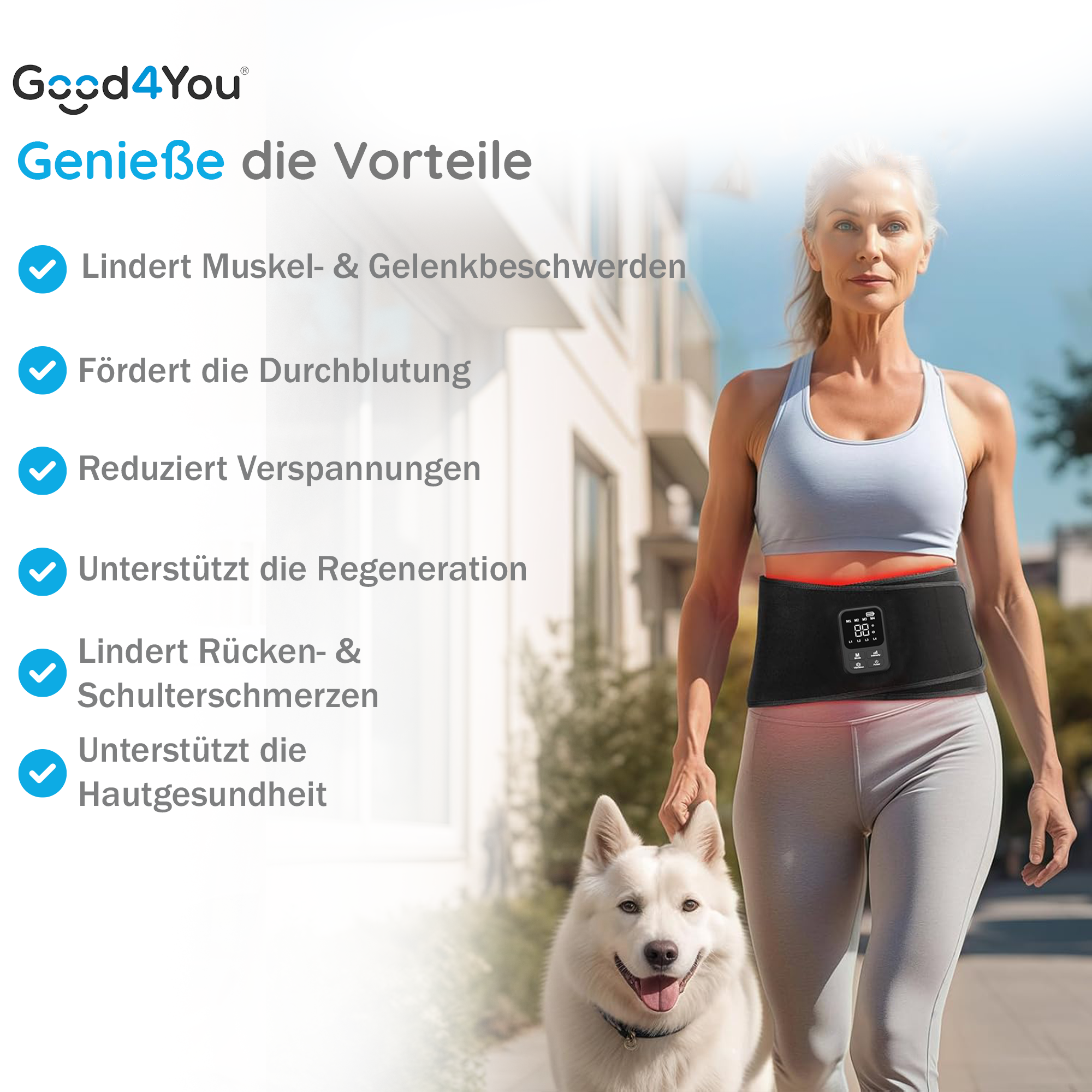 Eine Frau mit einem schwarzen Gürtel und Bildschirm geht mit einem weißen Hund. Text listet Vorteile des Gürtels auf.