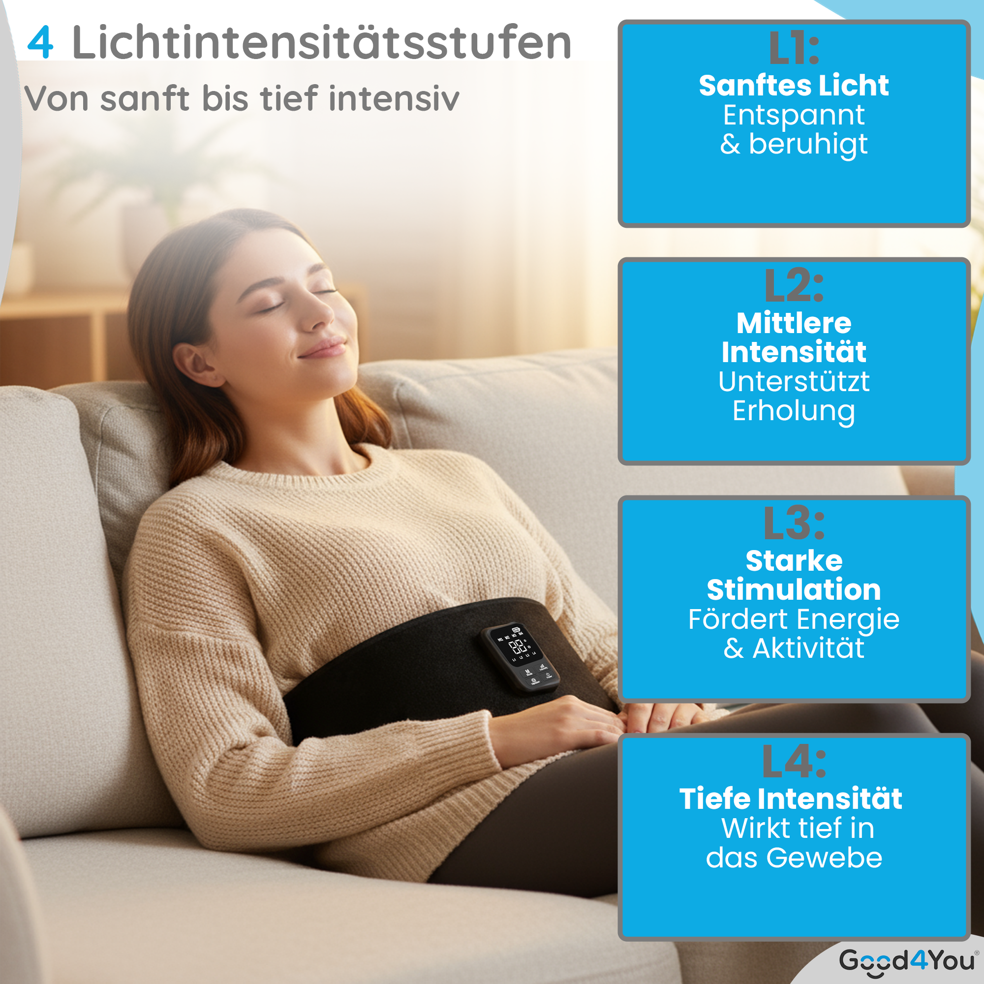 Eine Frau entspannt sich auf einem Sofa mit einem schwarzen Gerät. Das Bild zeigt Lichtintensitätsstufen von sanft bis tief.