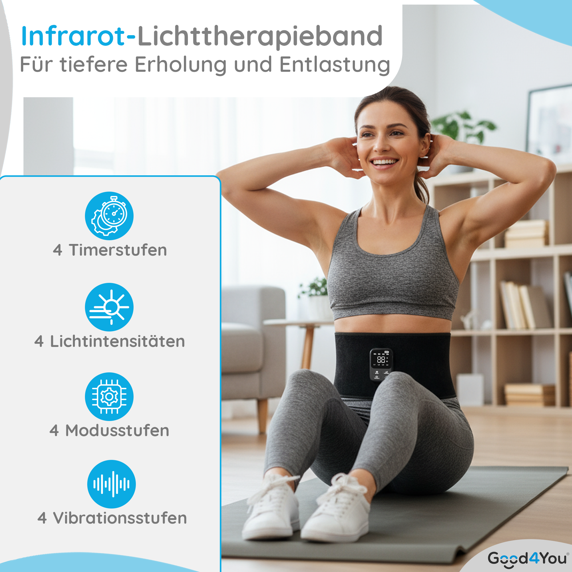 Eine Frau in Sportkleidung benutzt einen Lichttherapiegürtel. Sie lächelt. Text links beschreibt Gürtelfunktionen.