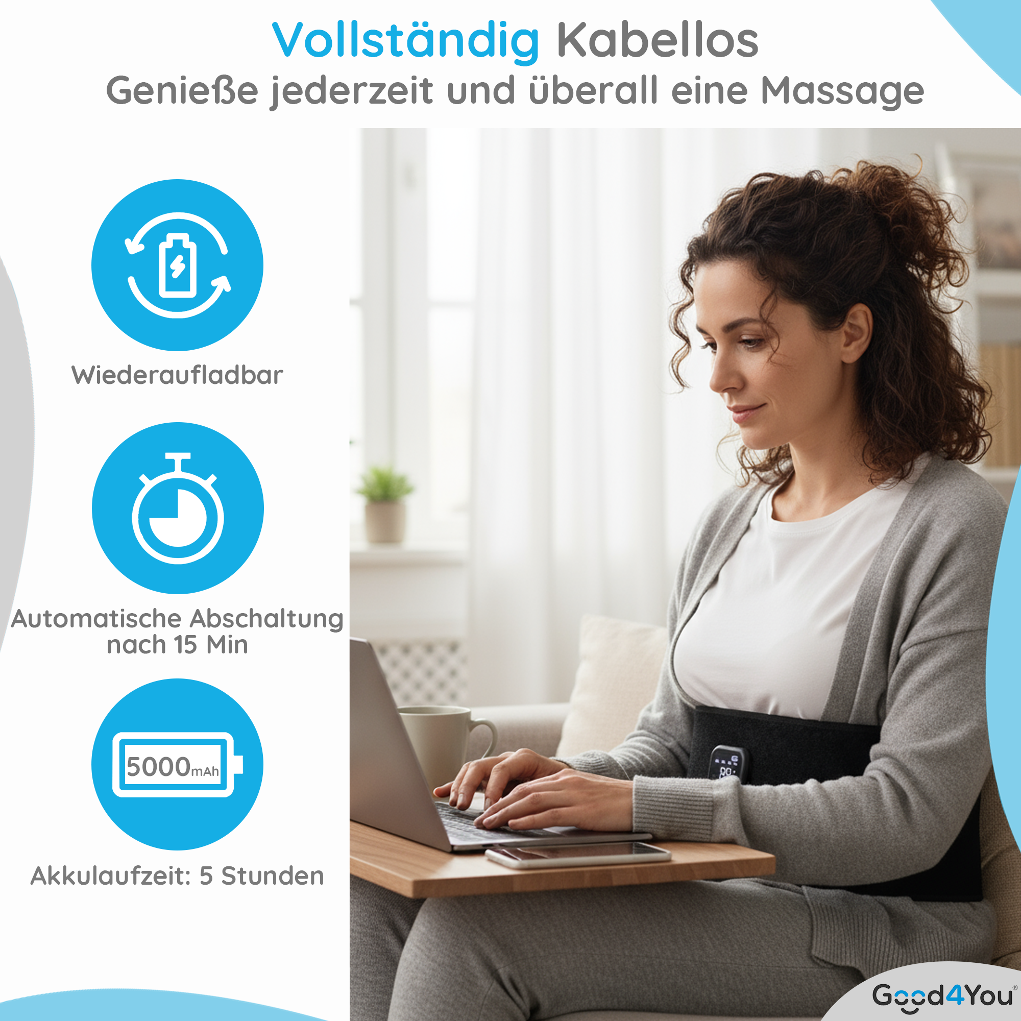 Frau benutzt Laptop mit Rückenmassagegerät. Informationssymbole links im Bild.