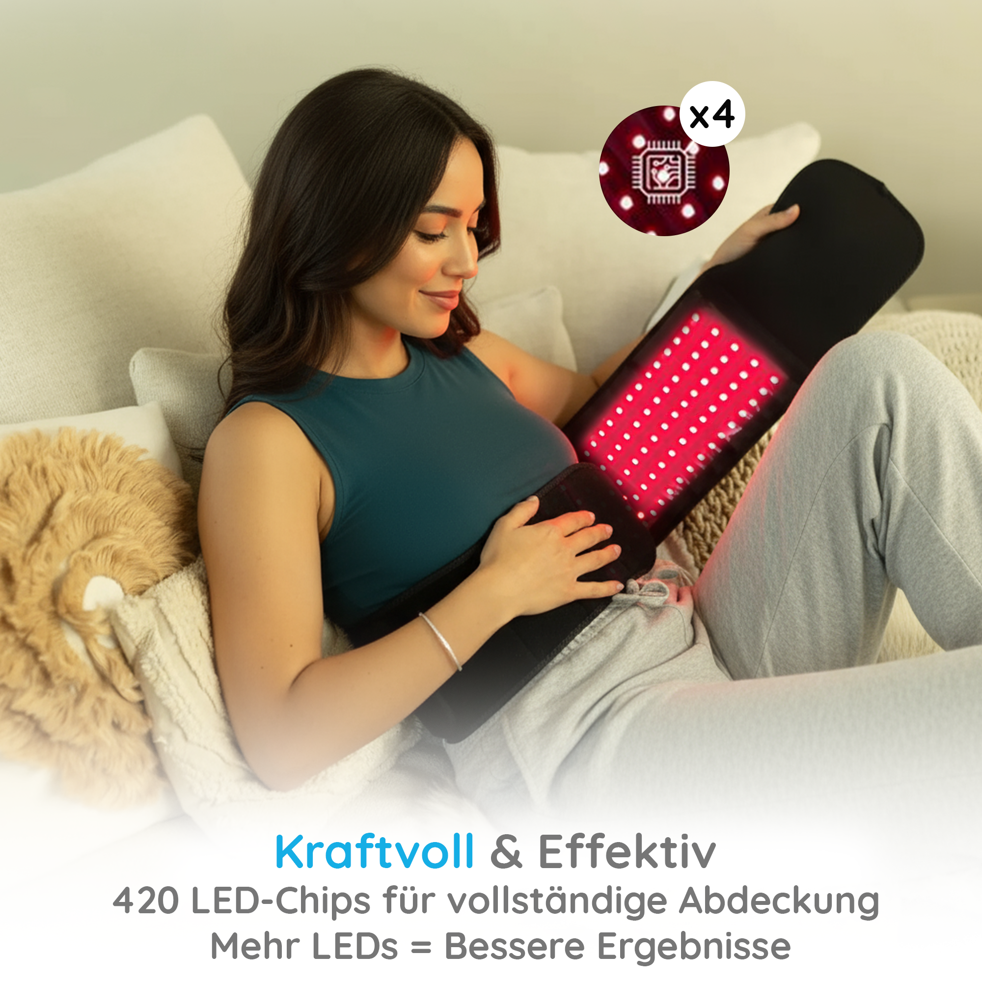 Eine Frau hält ein Rotlichttherapiegerät. Das Gerät hat viele rote LEDs. Der Text lautet 'Kraftvoll & Effektiv'.