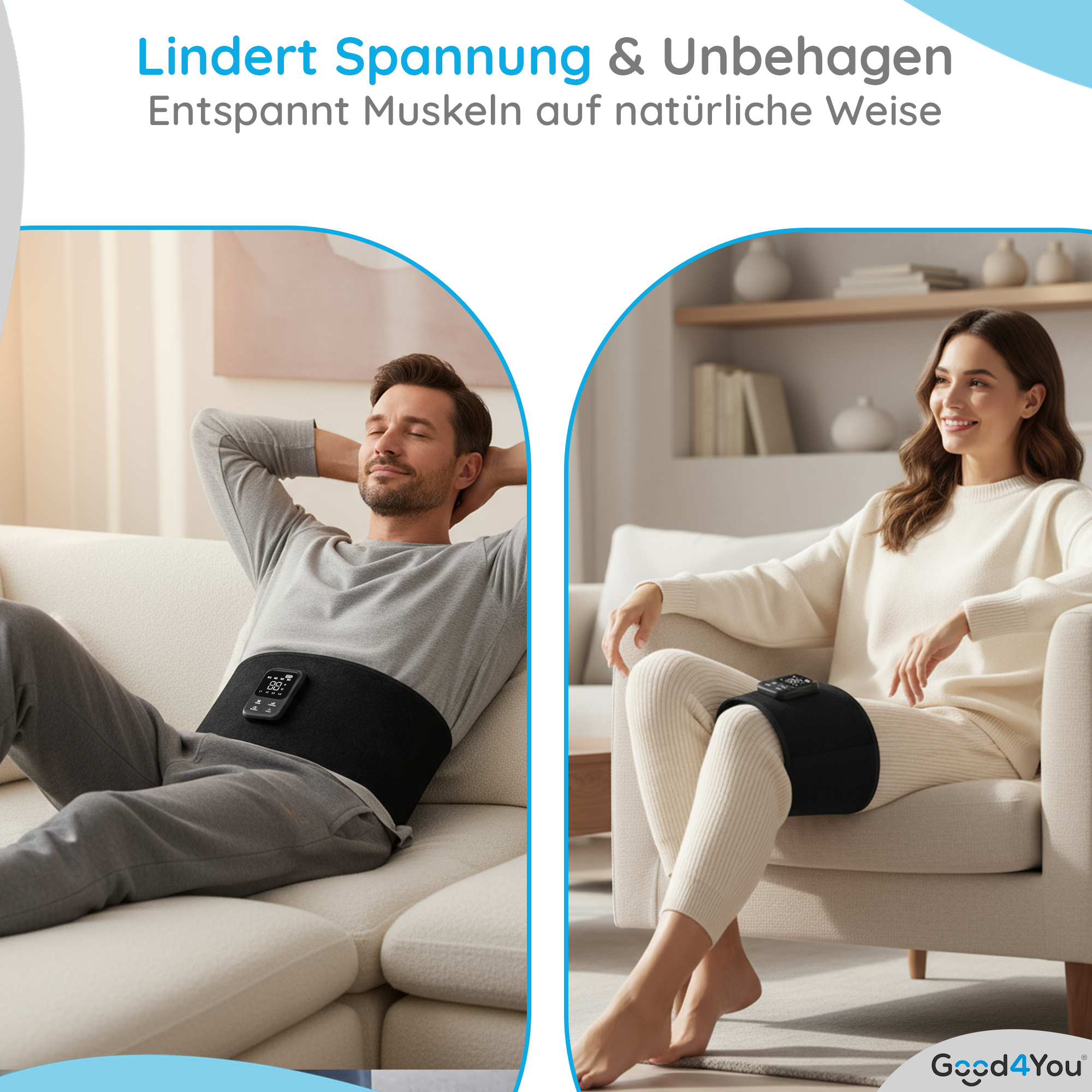 Das Bild zeigt einen Mann und eine Frau, die Therapiegeräte verwenden. Der Mann entspannt sich auf einem Sofa, die Frau sitzt auf einem Stuhl.