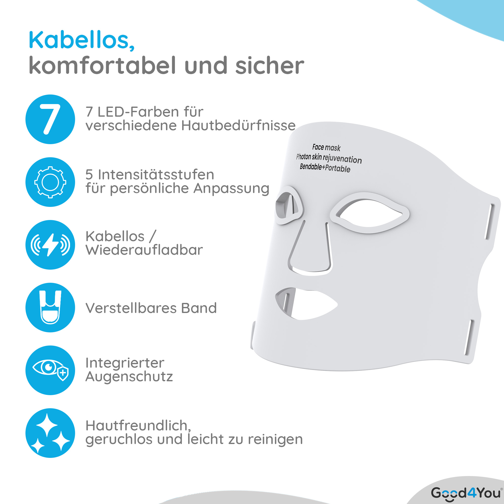 Das Bild zeigt eine weiße Gesichtsmaske mit deutschem Text, der Funktionen wie LED-Farben und Hautverjüngung beschreibt.