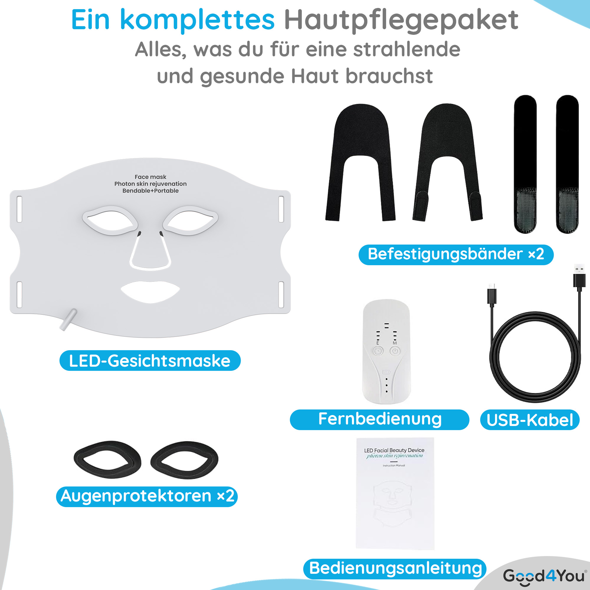 Ein komplettes Hautpflege-Set mit Gesichtsmaske, Augenschutz, Riemen, Fernbedienung, USB-Kabel und Handbuch.