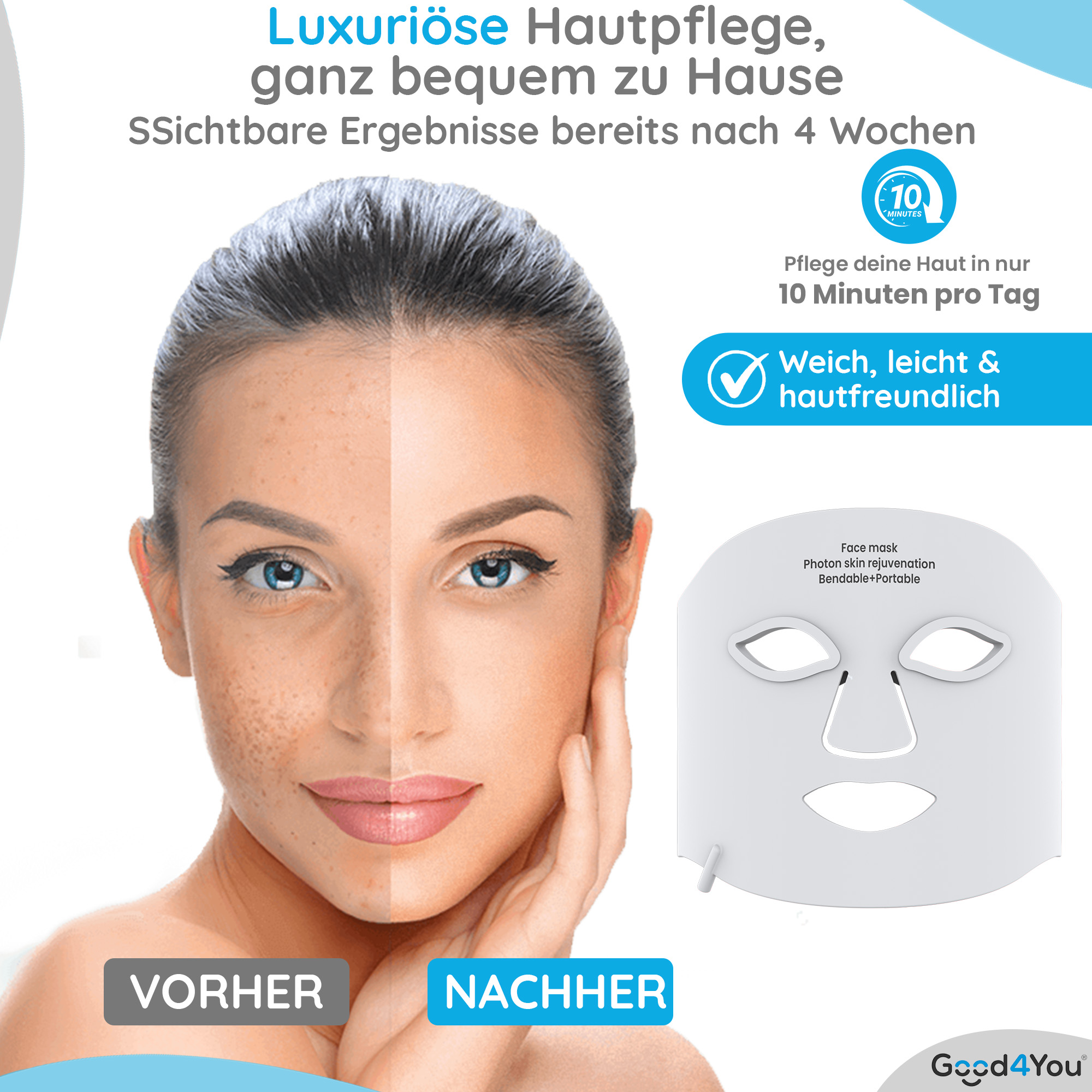 Das Bild zeigt das Gesicht einer Frau vor und nach der Hautbehandlung. Eine weiße Gesichtsmaske ist ebenfalls abgebildet.