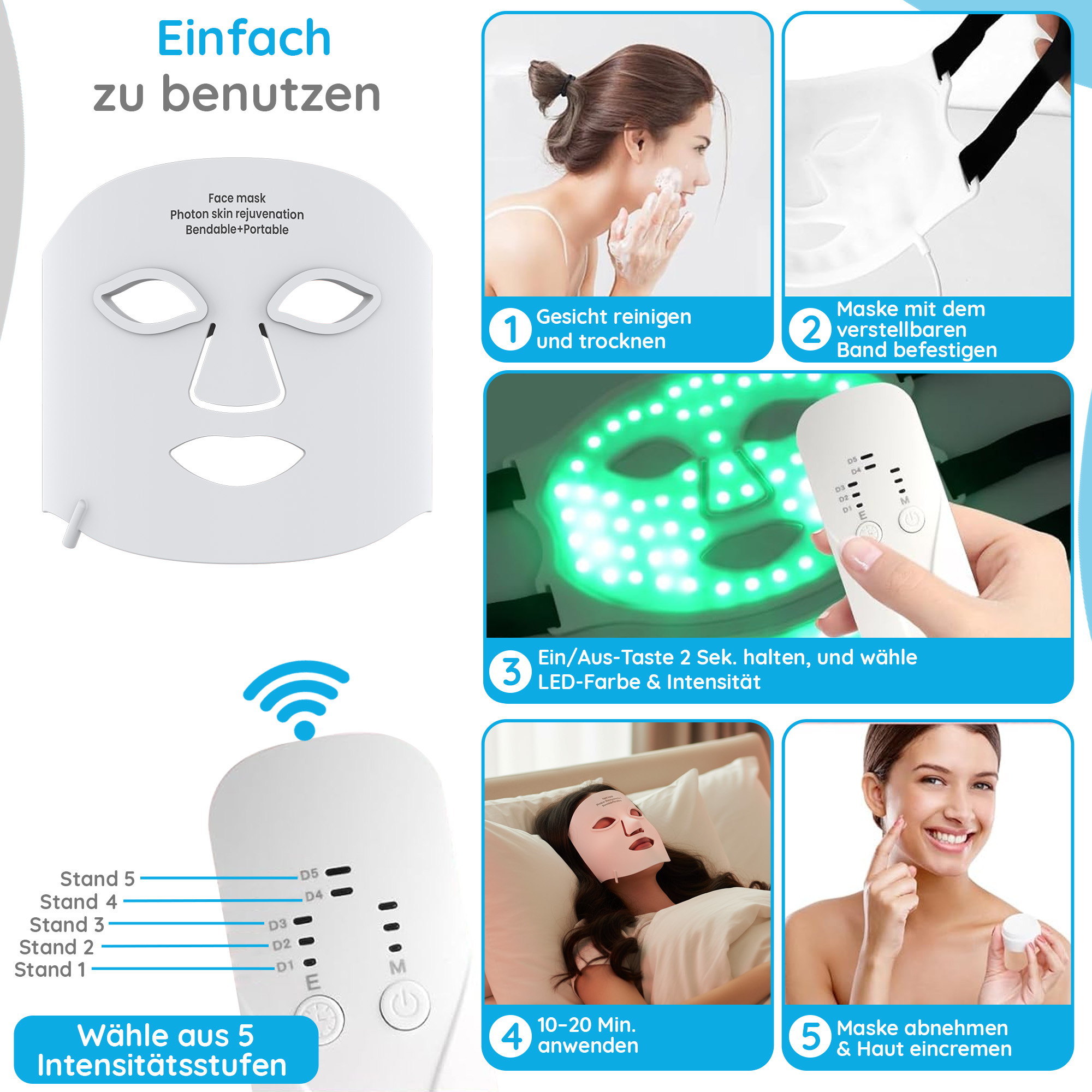 Das Bild zeigt eine Gesichtsmaske mit Anweisungen: Gesicht reinigen, Maske auftragen, Einstellungen wählen, 10-20 Minuten verwenden, entfernen und Creme auftragen.