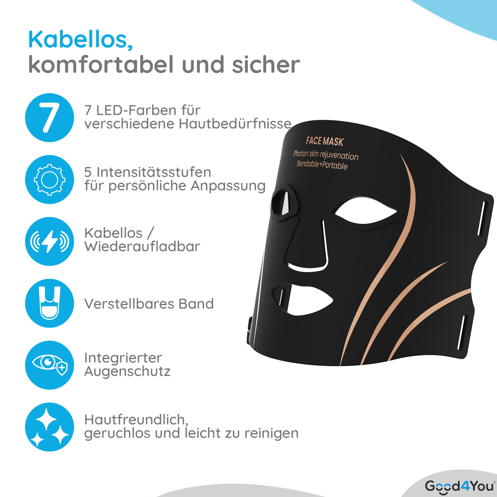Schwarze Gesichtsmaske mit goldenen Linien. Text beschreibt Funktionen: LED-Farben, Intensitätsstufen, kabellos, verstellbares Band, Augenschutz.