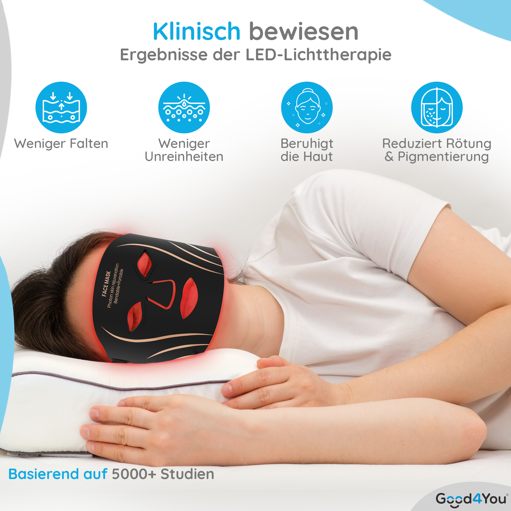 Person mit schwarzer LED-Gesichtsmaske auf einem Kissen. Deutscher Text zeigt Vorteile für die Hautpflege.