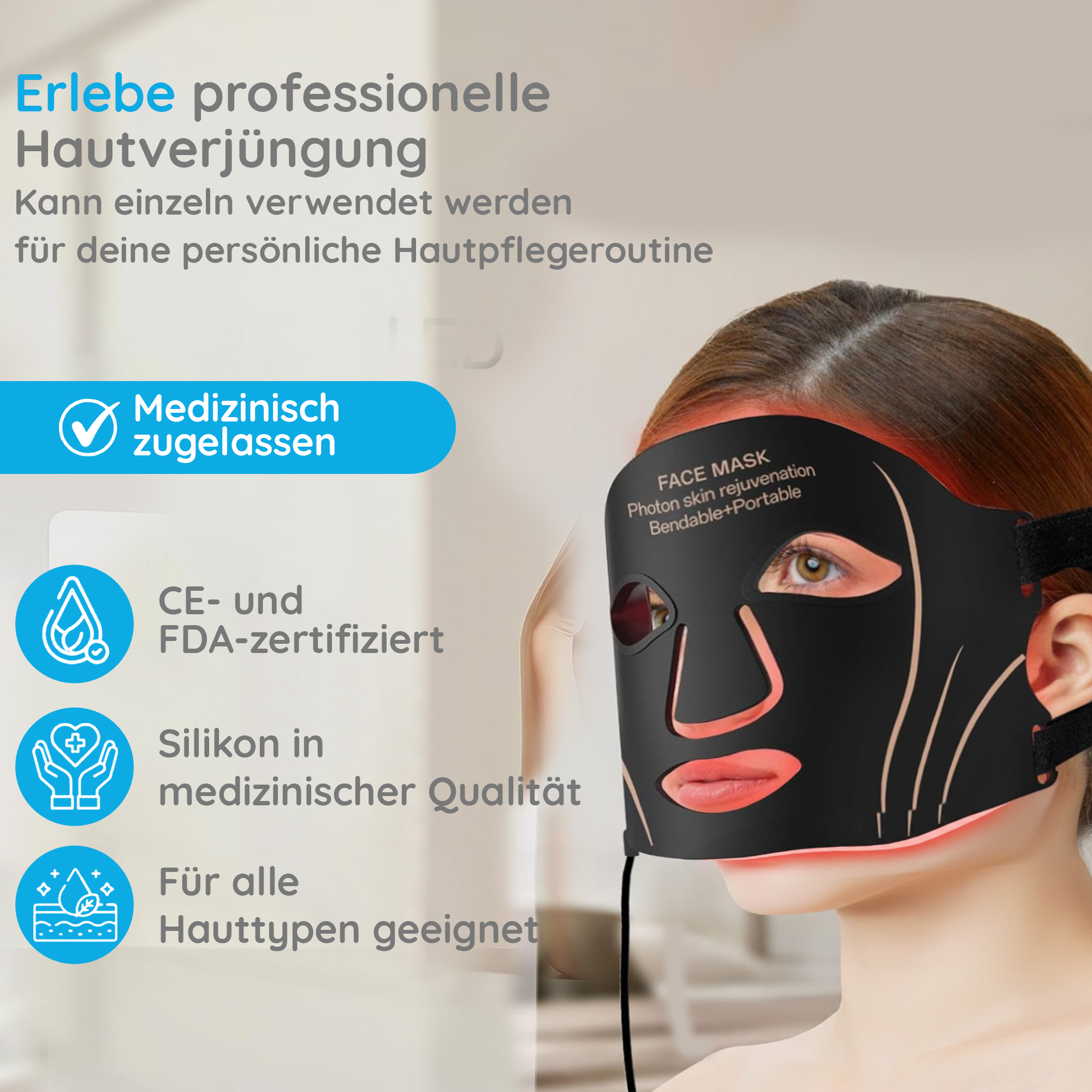 Eine Frau mit einer schwarzen Gesichtsmaske mit rotem Licht, Text links und Produktinformationen.