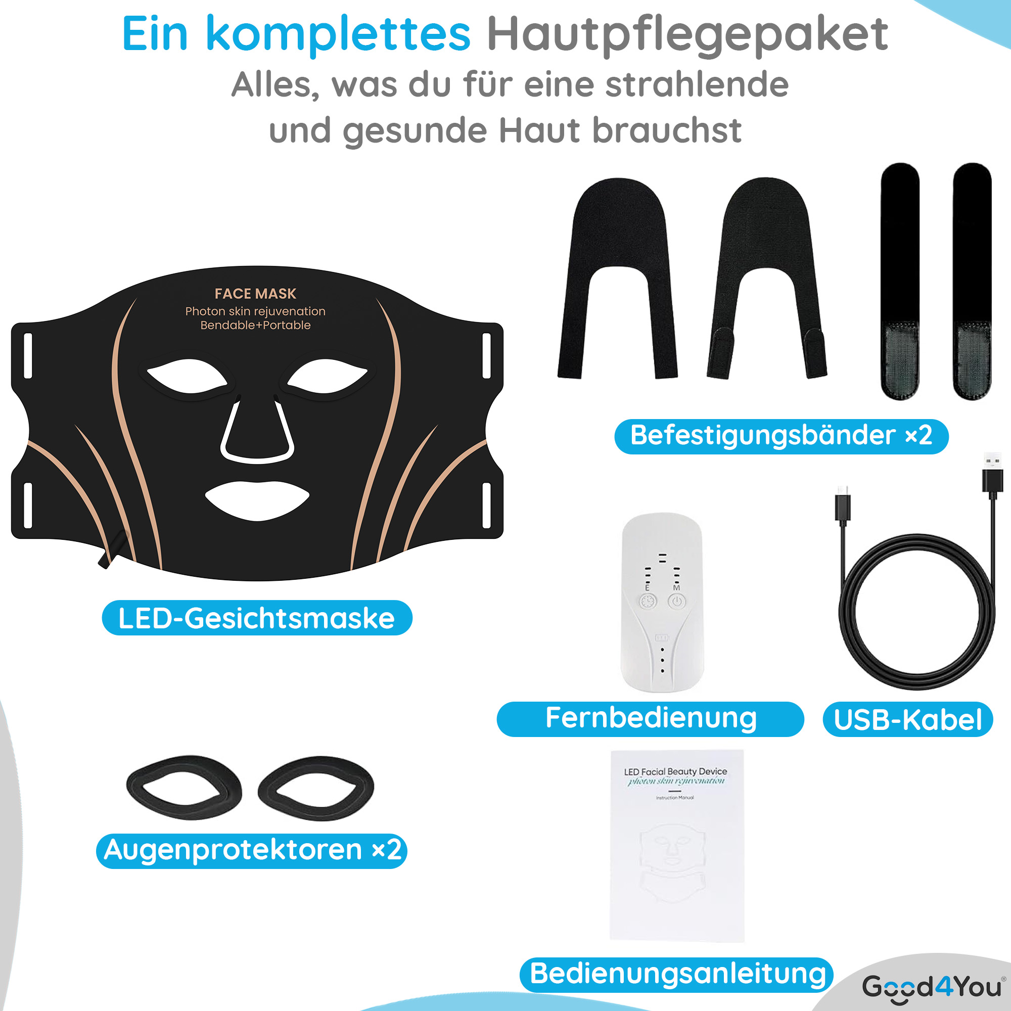 Ein komplettes Hautpflege-Set mit schwarzer Gesichtsmaske, Fernbedienung, Riemen, Kabel, Augenschutz und Handbuch.