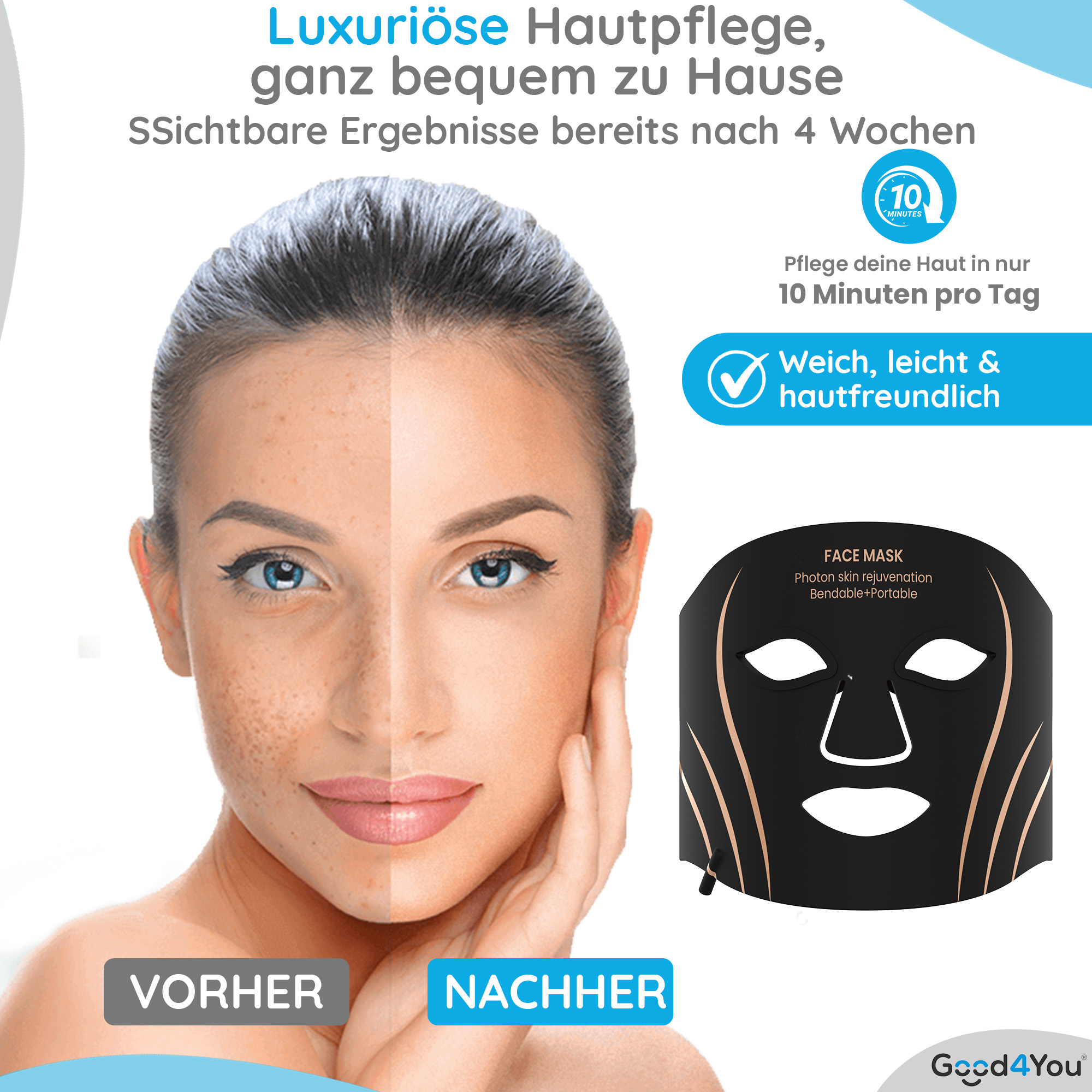 Das Gesicht einer Frau ist geteilt und zeigt Vorher- und Nachher-Ergebnisse der Hautpflege. Rechts ist eine Gesichtsmaske.