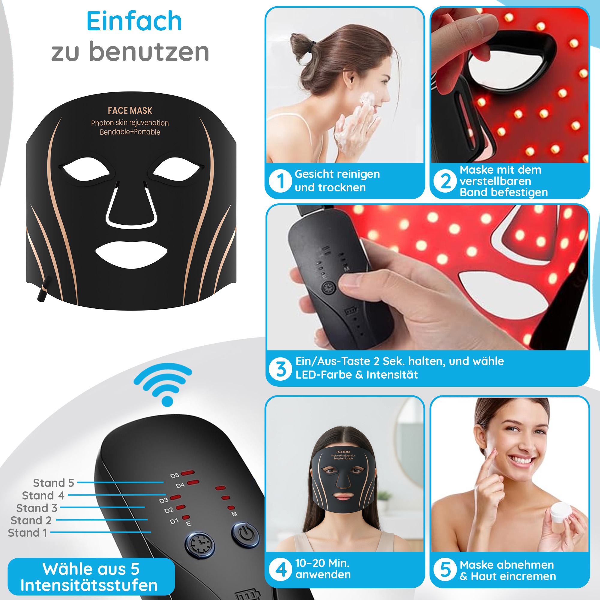 Gesichtsmaske mit Anweisungen: Gesicht reinigen, Maske anbringen, LED-Farbe wählen, 10-20 Min. anwenden, entfernen & befeuchten.