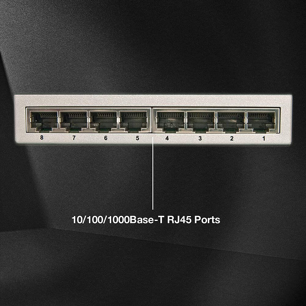 Srebrny przełącznik sieciowy z ośmioma portami RJ45 o numerach 1-8. Tekst: '10/100/1000Base-T RJ45 Ports' pod przełącznikiem.
