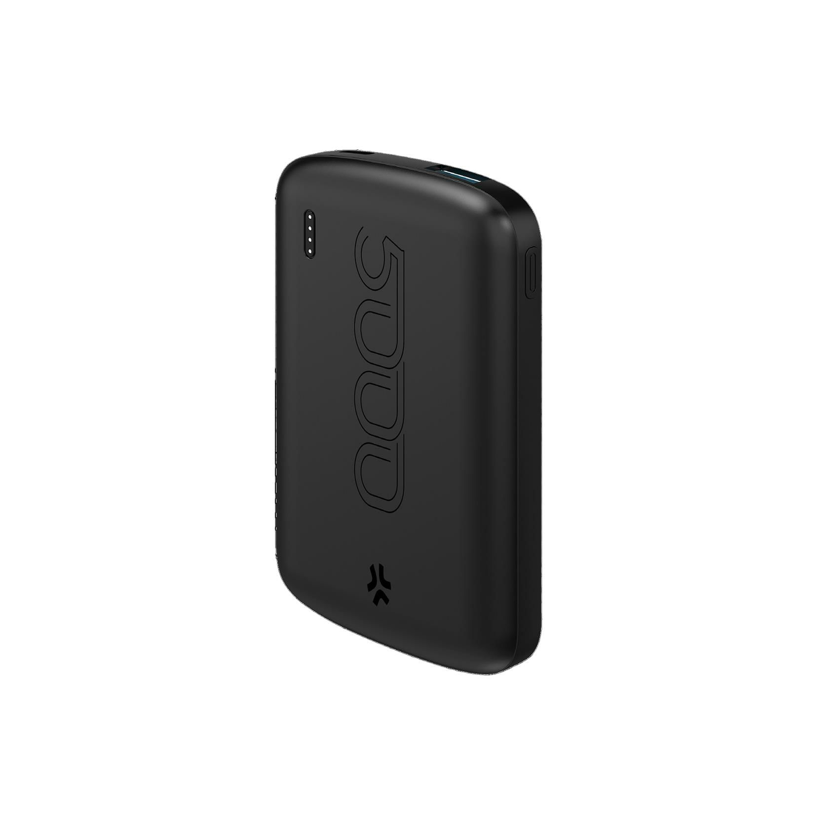 Eine schwarze Powerbank mit der Zahl 5000. Der Hintergrund ist weiß.